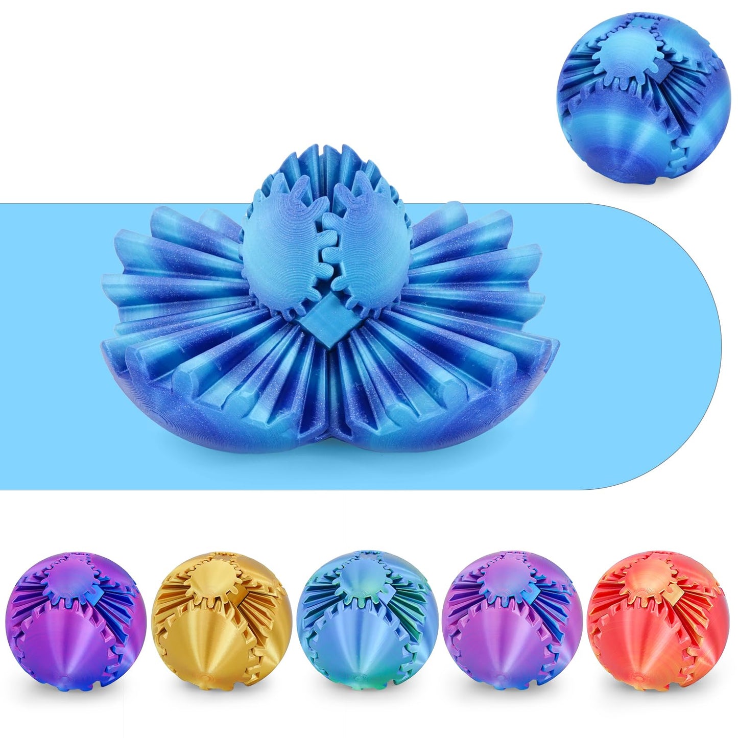 Minleway Gear Sphere: 3D Printed Cube Fidget Toy in Aurora Blue (2.3 Inch)
