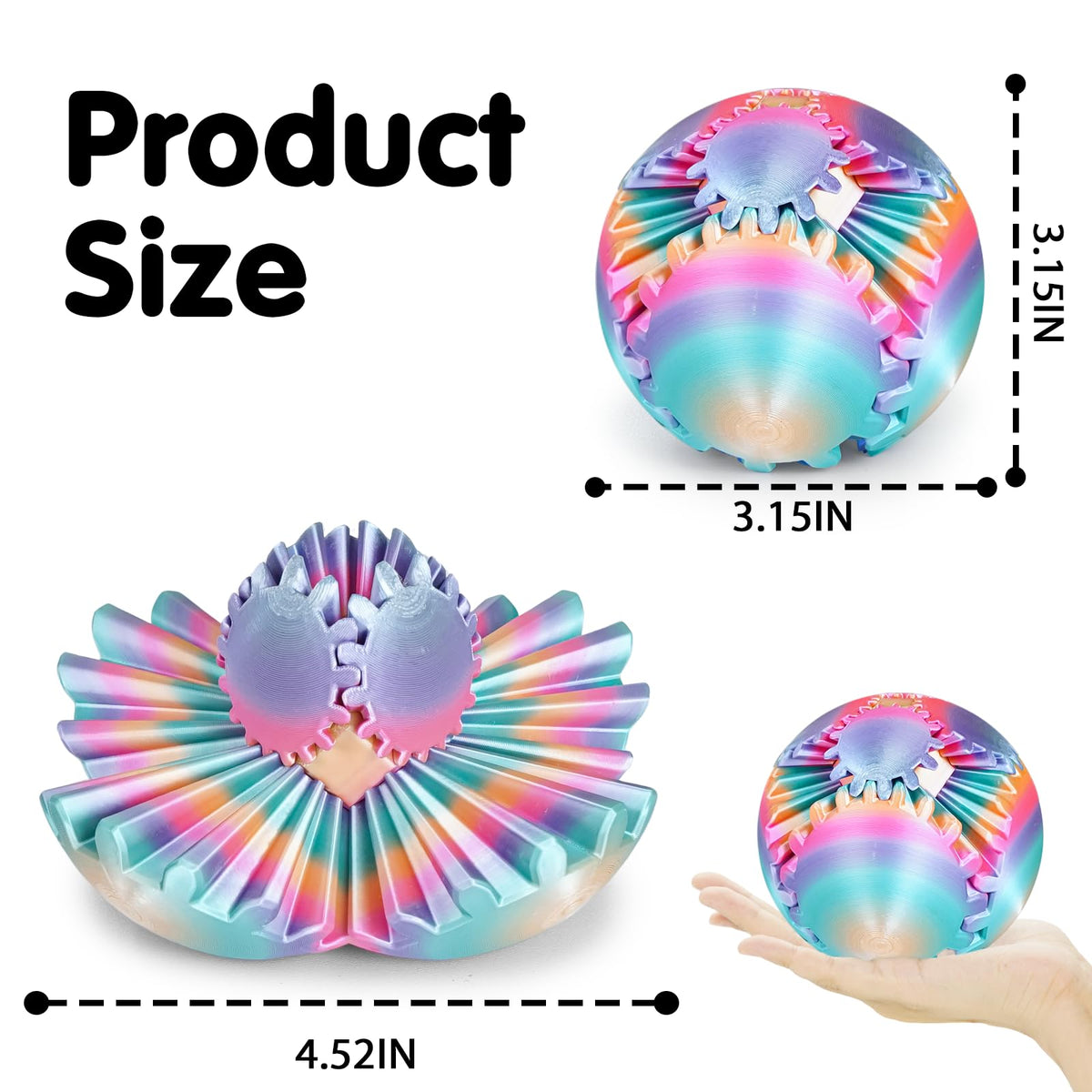 Minleway GearSphere 3D Printed Spin Ball – Rainbow Fidget Toy for Stress Relief (3.1 Inch)