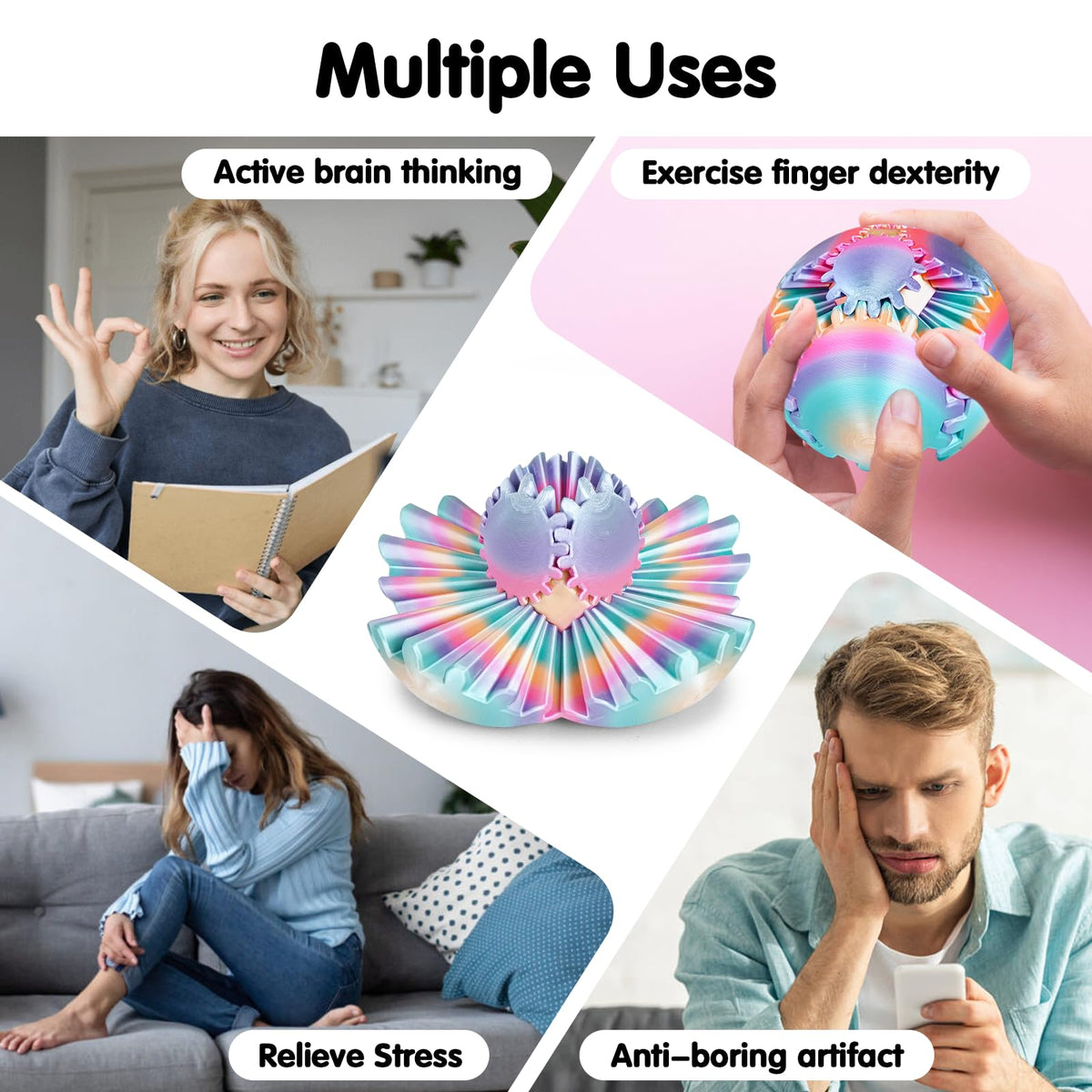 Minleway GearSphere 3D Printed Spin Ball – Rainbow Fidget Toy for Stress Relief (3.1 Inch)