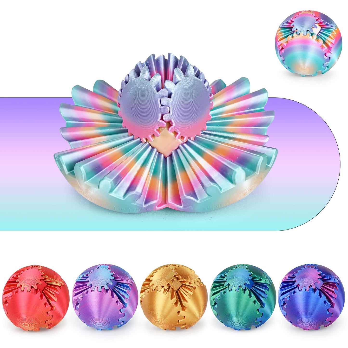 Minleway GearSphere 3D Printed Spin Ball – Rainbow Fidget Toy (2.3 inch)