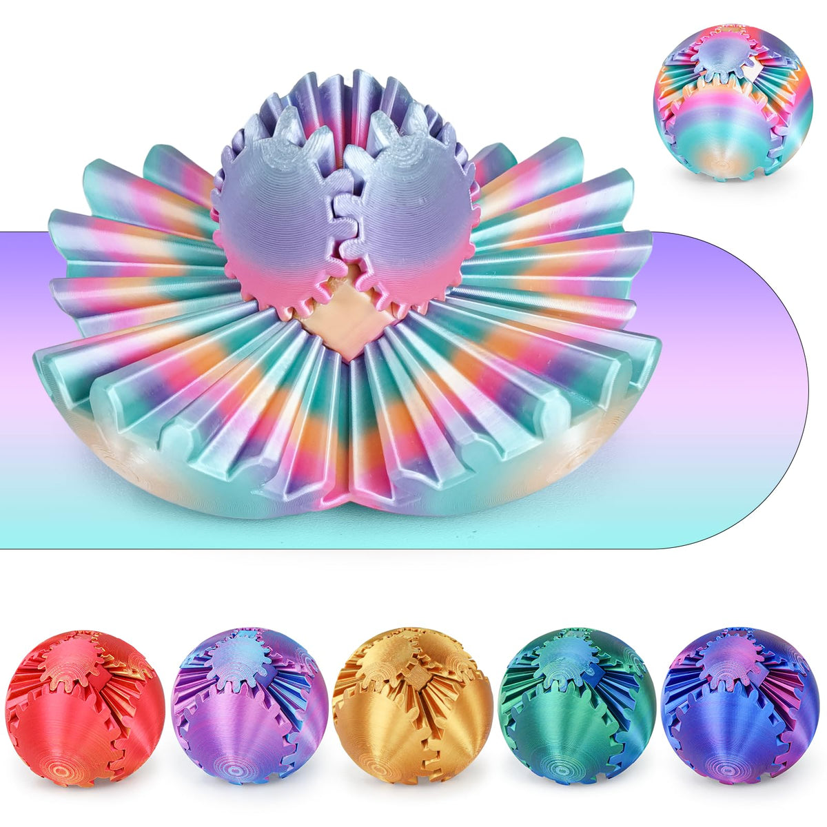 Minleway GearSphere 3D Printed Spin Ball – Rainbow Fidget Toy for Stress Relief (3.1 Inch)