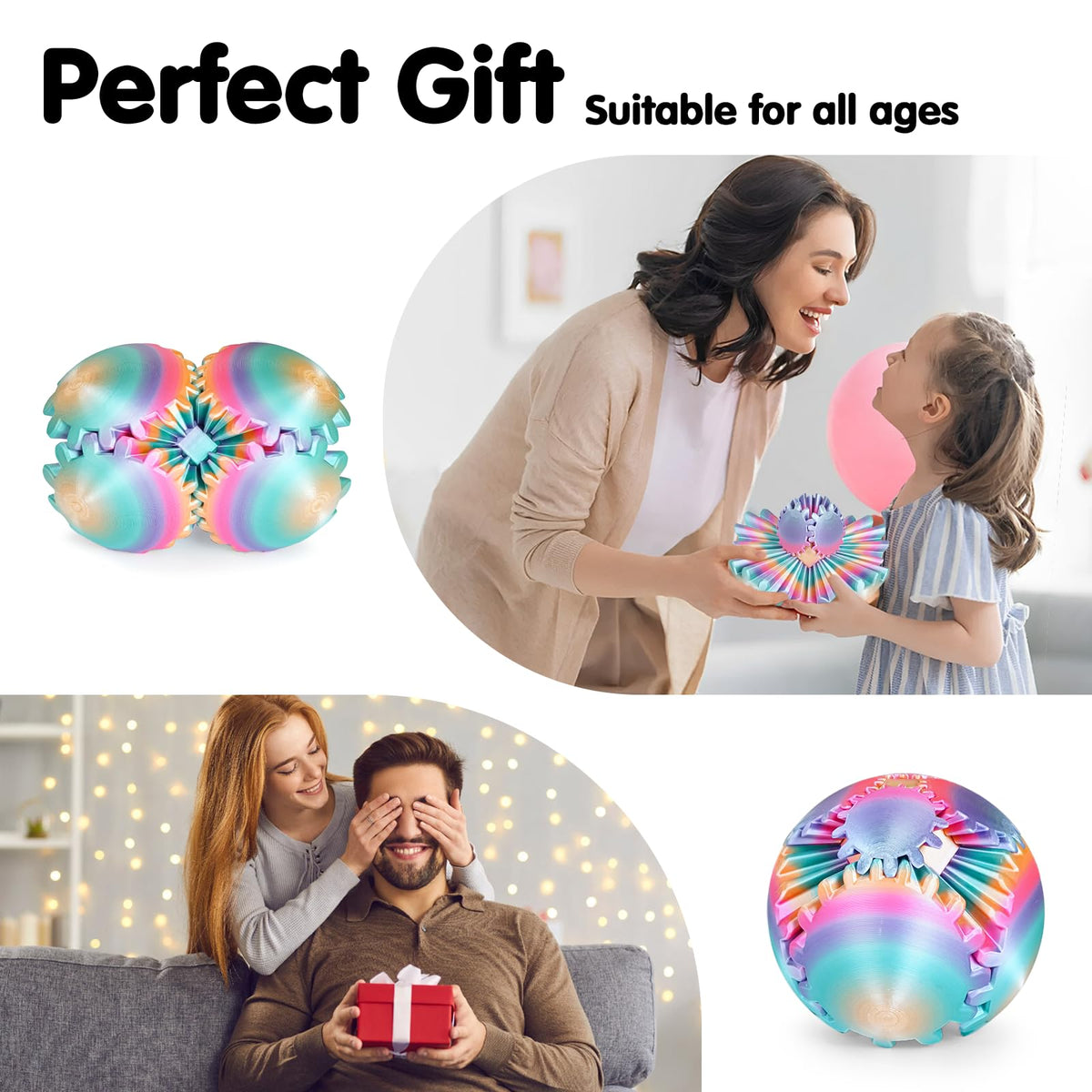 Minleway GearSphere 3D Printed Spin Ball – Rainbow Fidget Toy for Stress Relief (3.1 Inch)