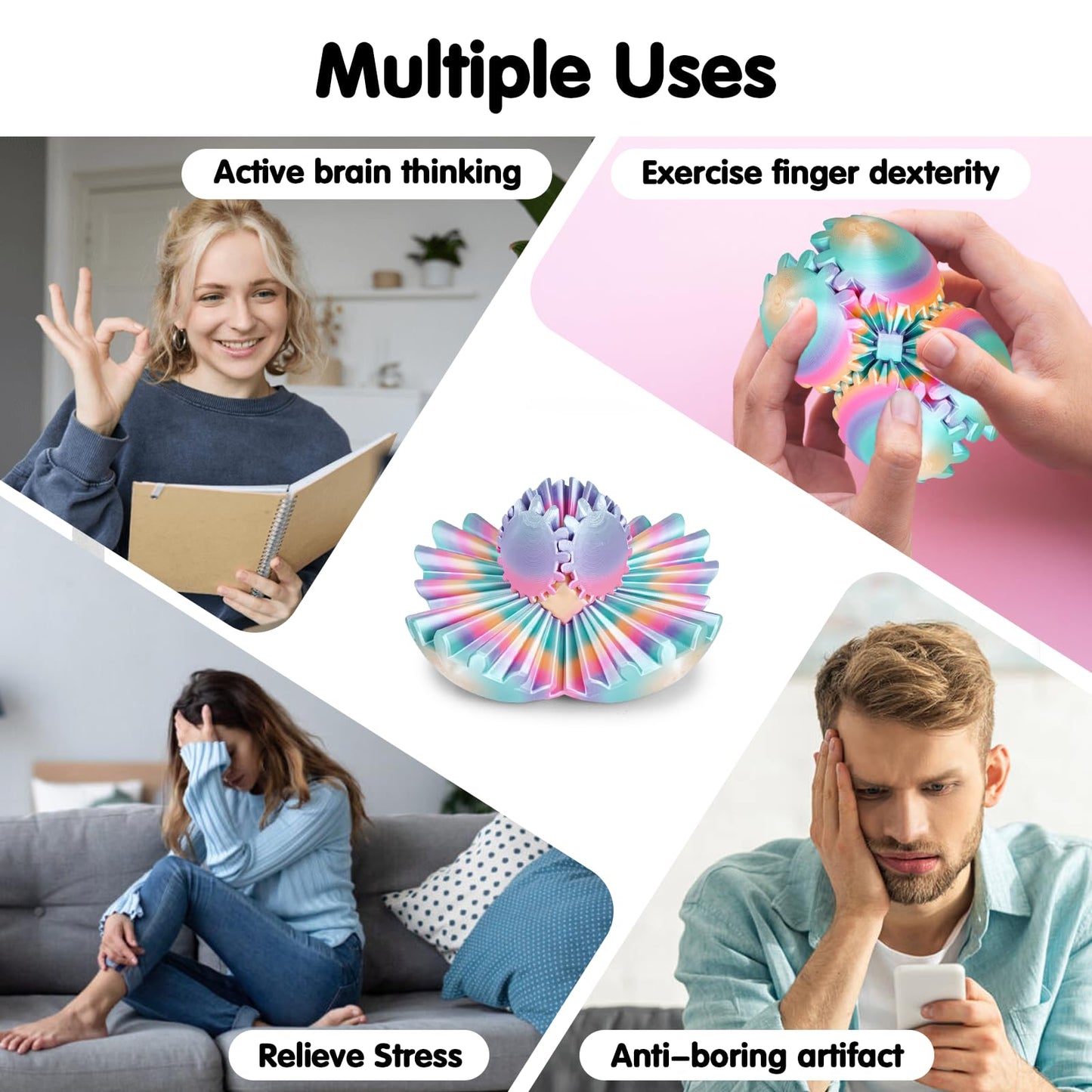 Minleway GearSphere 3D Printed Spin Ball – Rainbow Fidget Toy (2.3 inch)