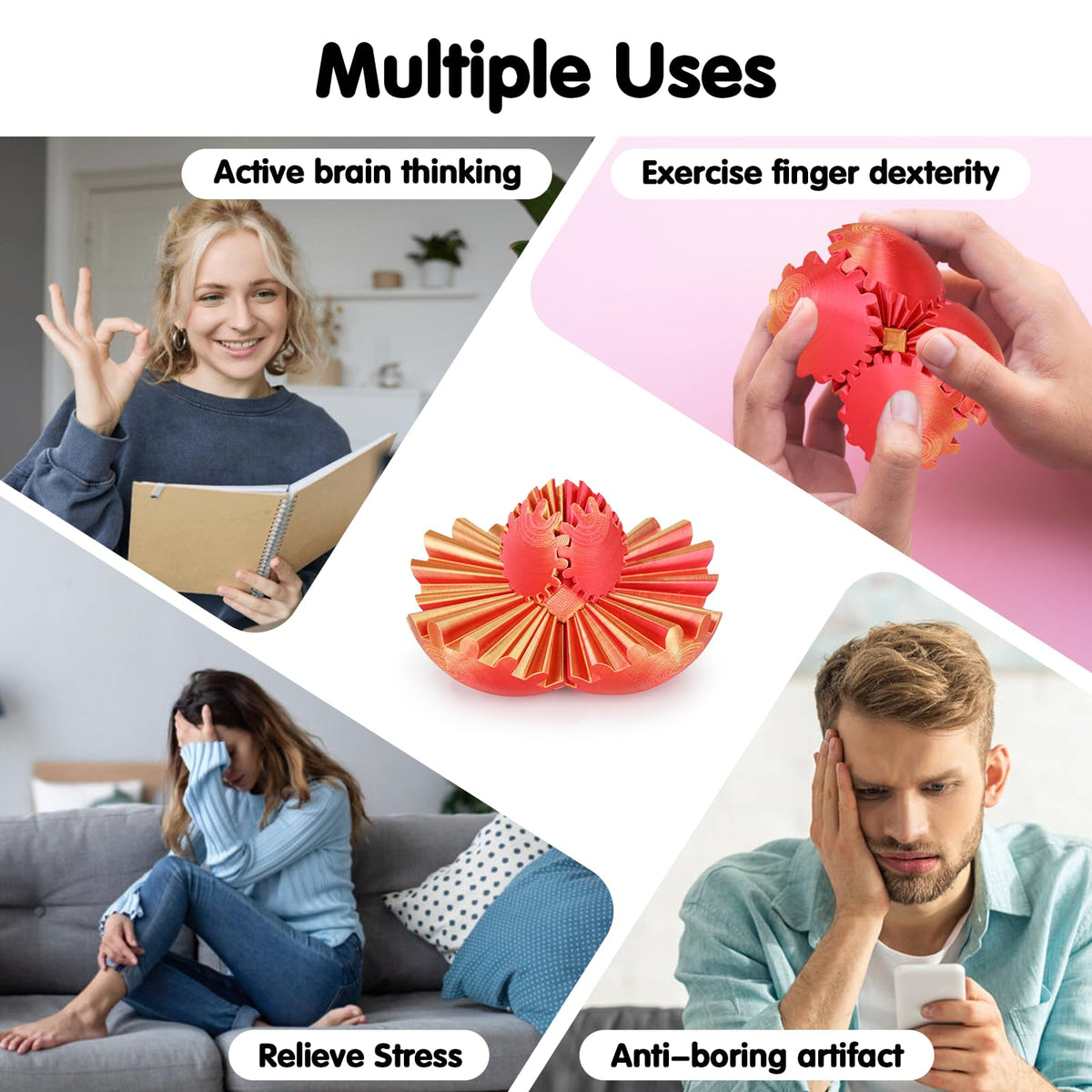 Minleway Gear Ball 3D Printed Cube Fidget Toy – Stress Relief & Sensory Desk Toy (Golden Red, 2.3 Inch)