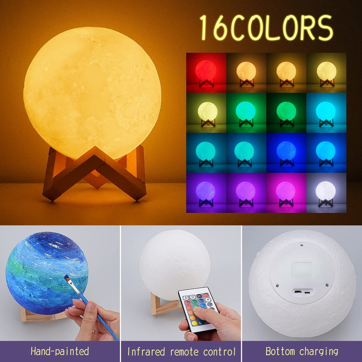 Minleway 7.1-Inch 16-Color Rechargeable Moon Lamp DIY Kit | Kids Craft Gift