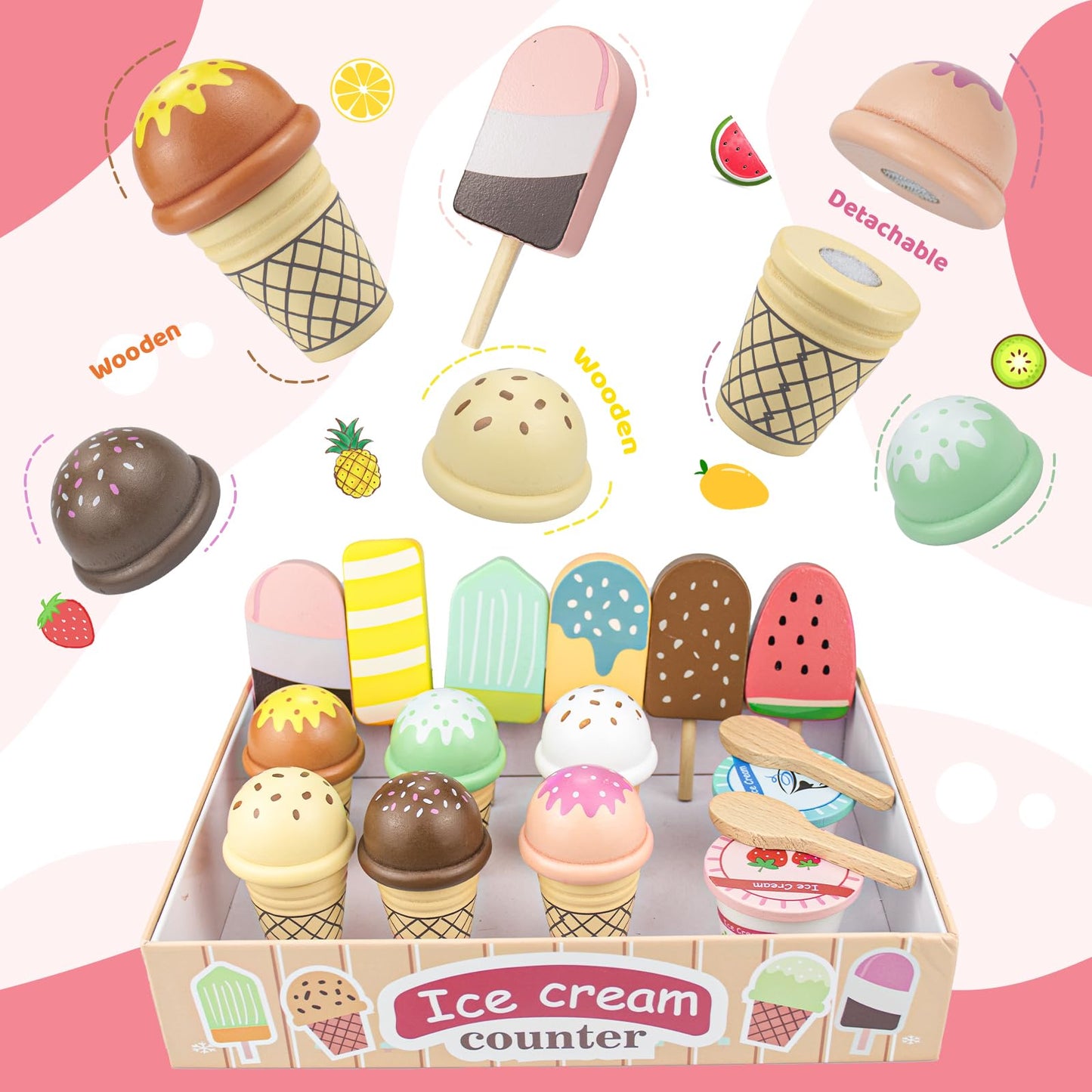 Minnot Wooden Ice Cream Toys – 32-Piece Pretend Play Set with Counter, Menu, Money | Gift for Kids Aged 3–8