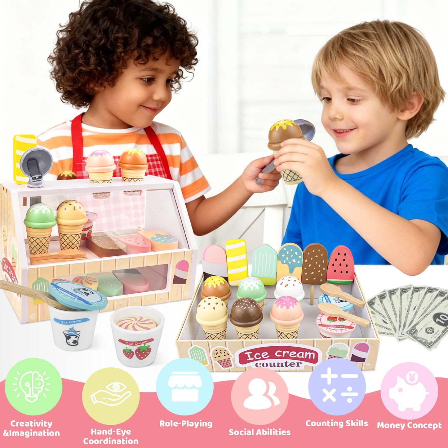 Minnot Wooden Ice Cream Toys – 32-Piece Pretend Play Set with Counter, Menu, Money | Gift for Kids Aged 3–8