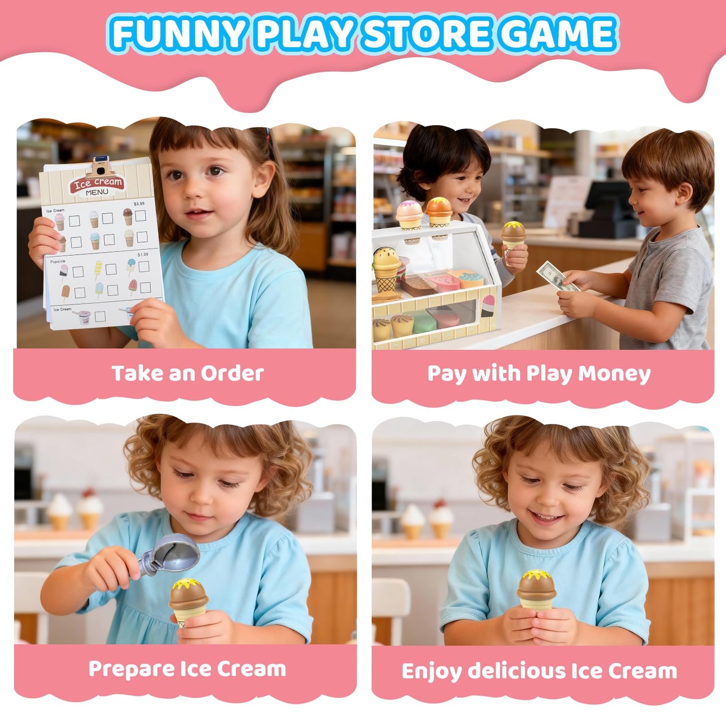 Minnot Wooden Ice Cream Toys – 32-Piece Pretend Play Set with Counter, Menu, Money | Gift for Kids Aged 3–8