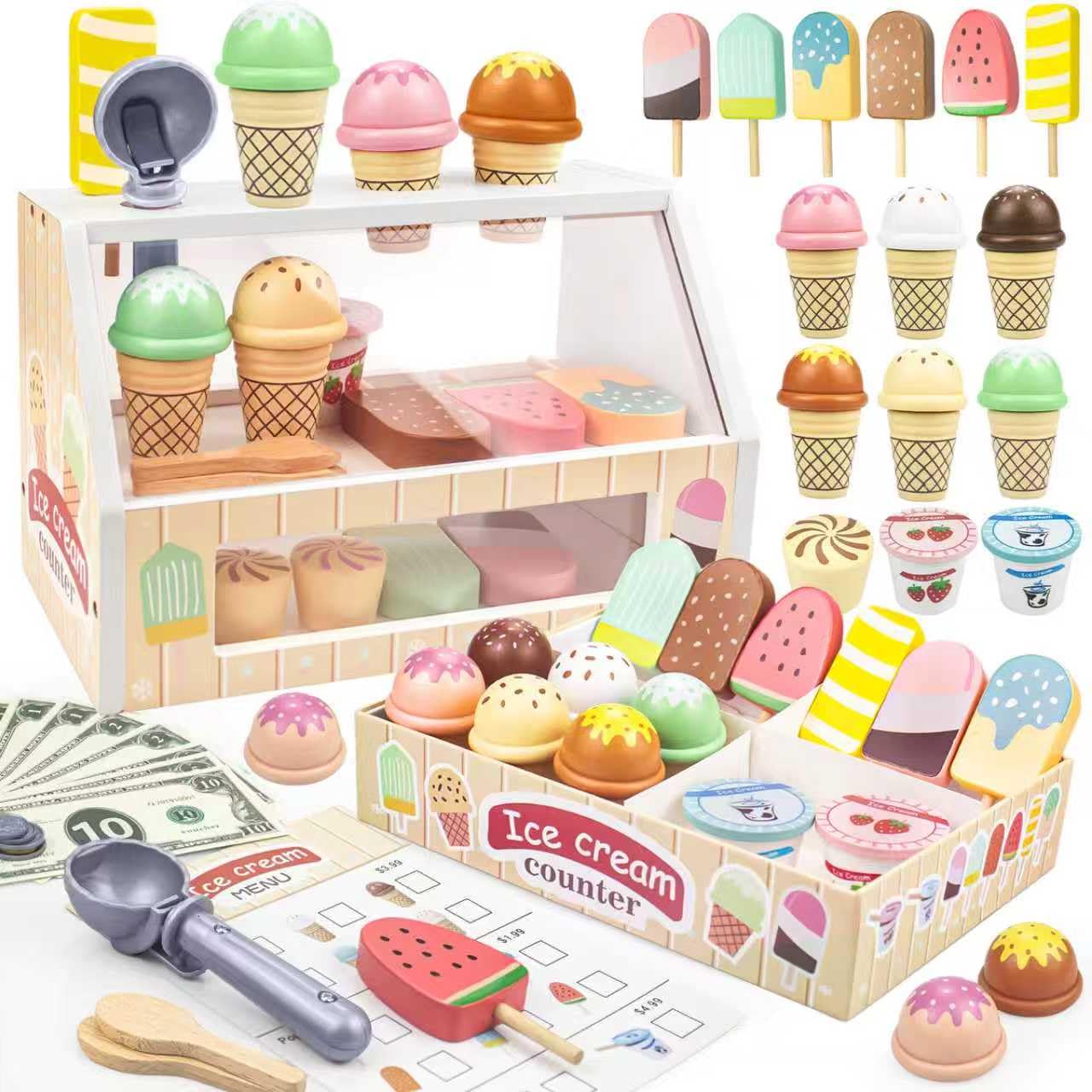 Minnot Wooden Ice Cream Toys – 32-Piece Pretend Play Set with Counter, Menu, Money | Gift for Kids Aged 3–8