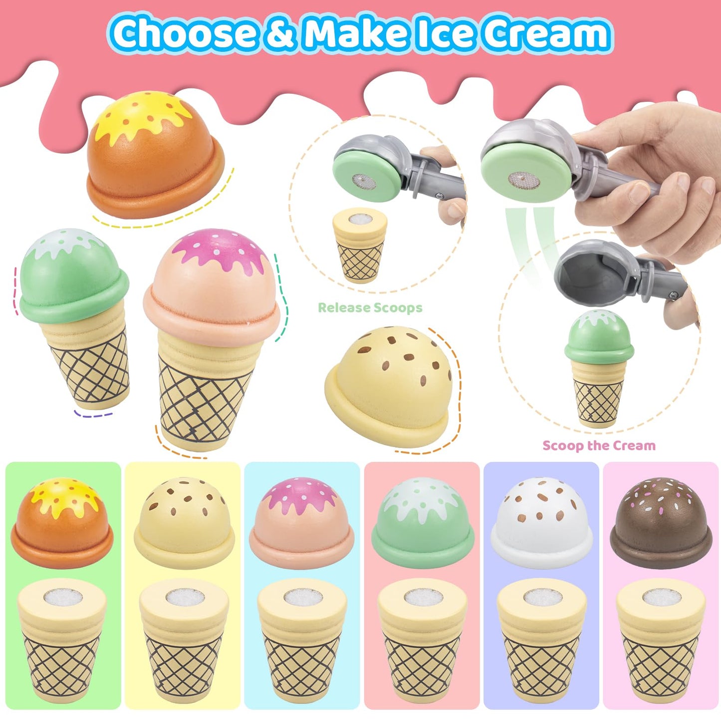 Minnot Wooden Ice Cream Toys – 32-Piece Pretend Play Set with Counter, Menu, Money | Gift for Kids Aged 3–8