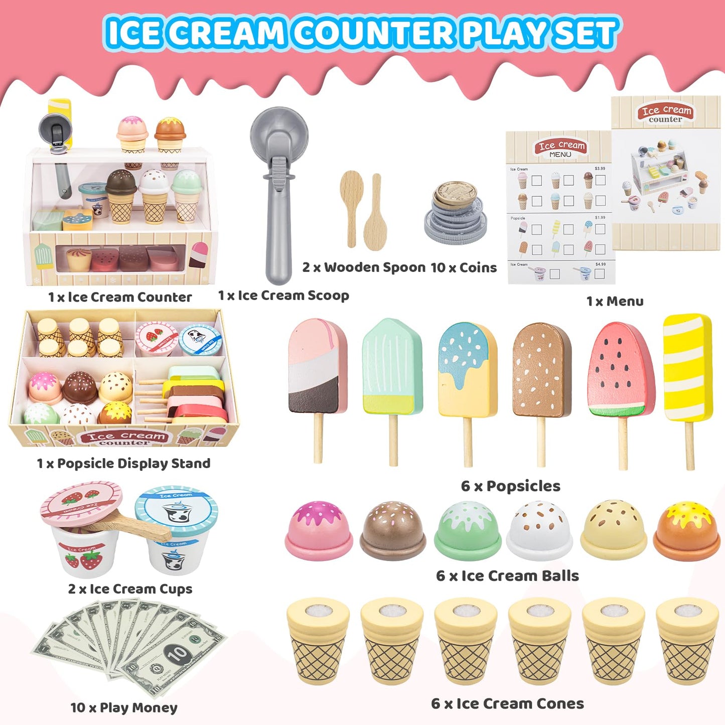 Minnot Wooden Ice Cream Toys – 32-Piece Pretend Play Set with Counter, Menu, Money | Gift for Kids Aged 3–8