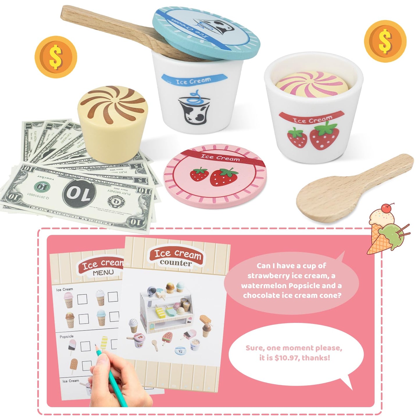 Minnot Wooden Ice Cream Toys – 32-Piece Pretend Play Set with Counter, Menu, Money | Gift for Kids Aged 3–8
