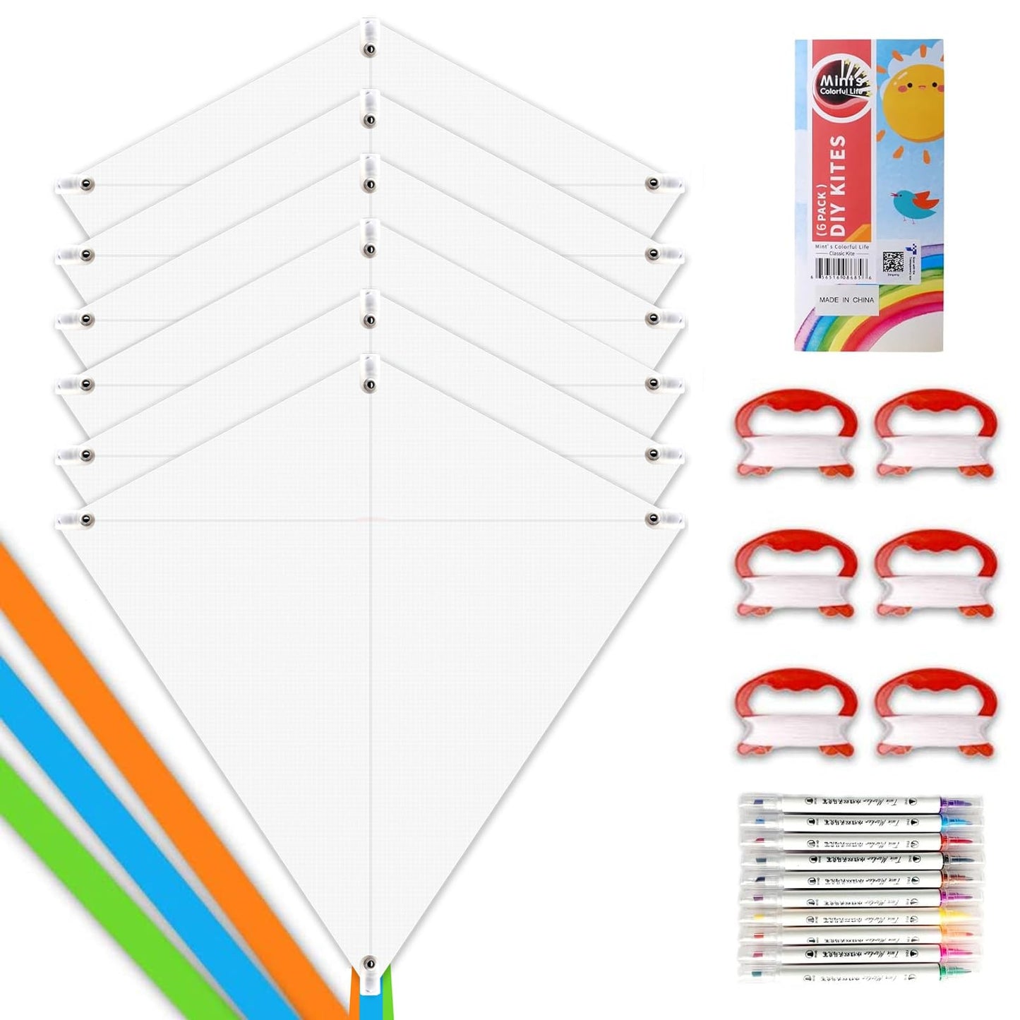 Mint's Colorful Life DIY Kite Making Kit 6-Pack – White Diamond Kites for Kids