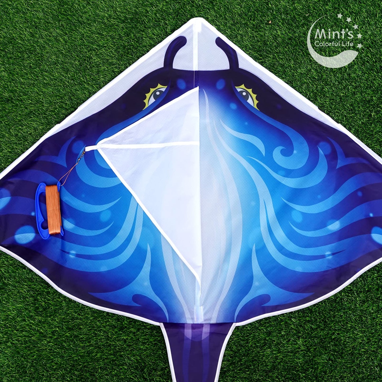 Mint's Colorful Life Devil Fish Delta Kite - Easy Fly, 58in Blue with Handle
