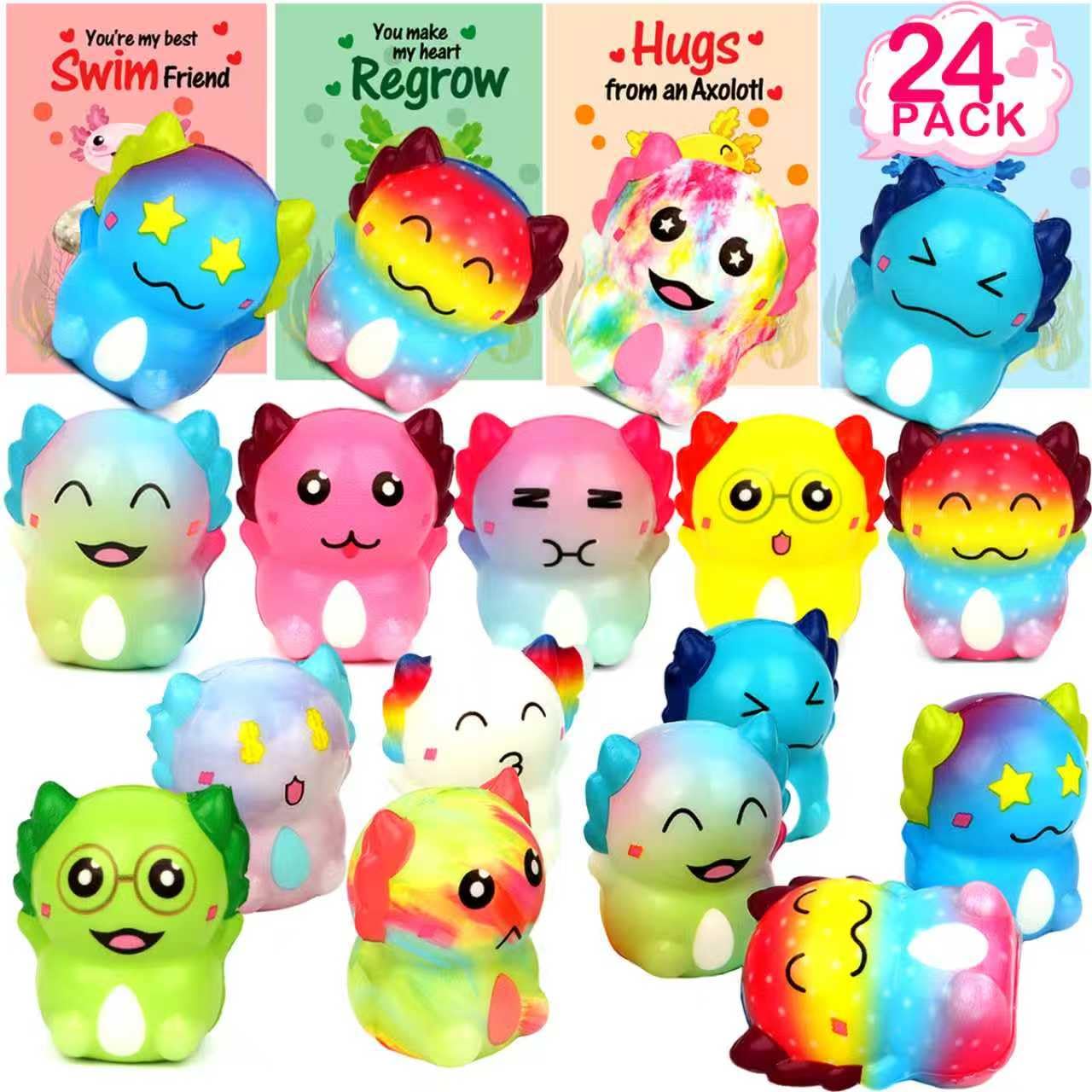 MINYSIC 24-Pack Valentines Day Axolotl Mochi Toys for Kids — Classroom Cards & Party Favors