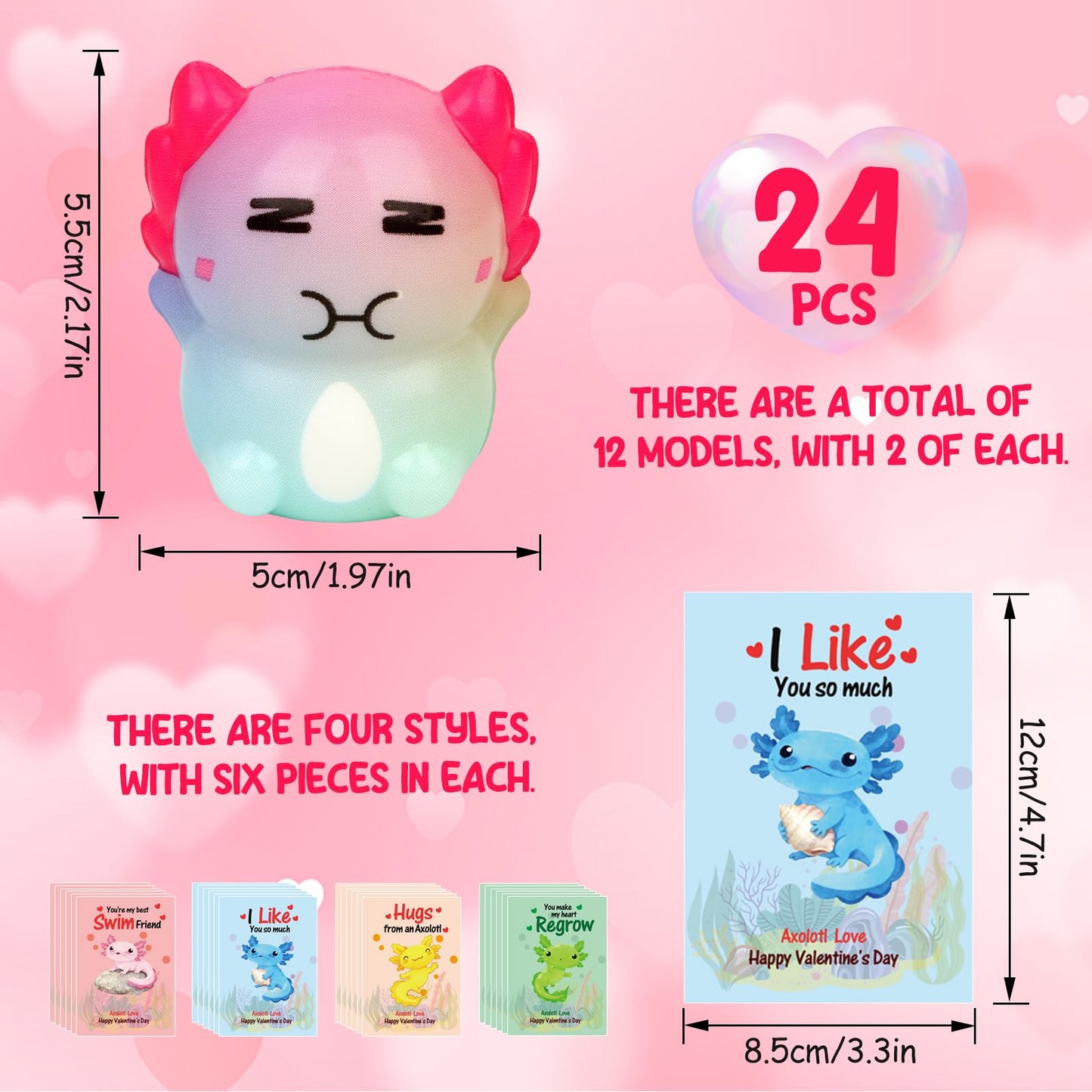 MINYSIC 24-Pack Valentines Day Axolotl Mochi Toys for Kids — Classroom Cards & Party Favors