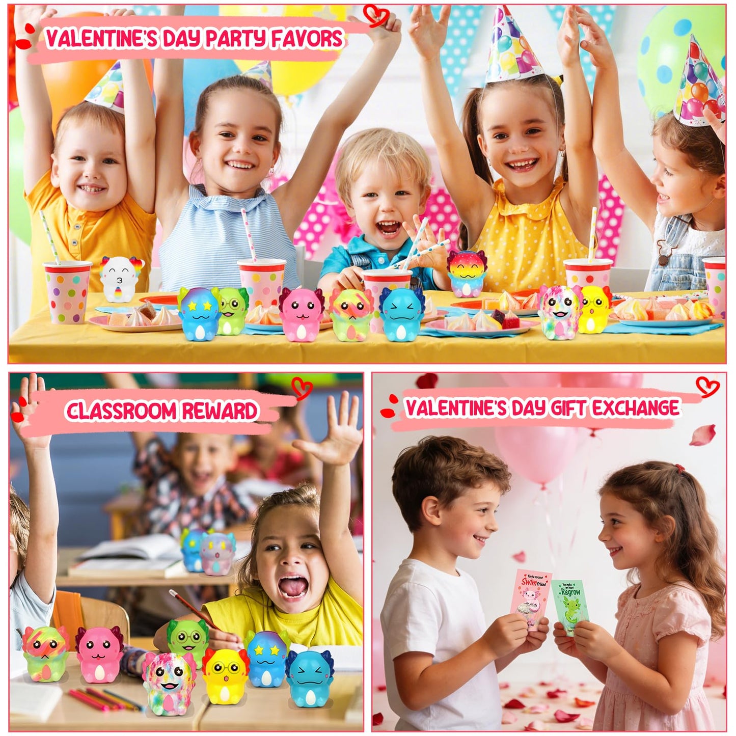 MINYSIC 24-Pack Valentines Day Axolotl Mochi Toys for Kids — Classroom Cards & Party Favors