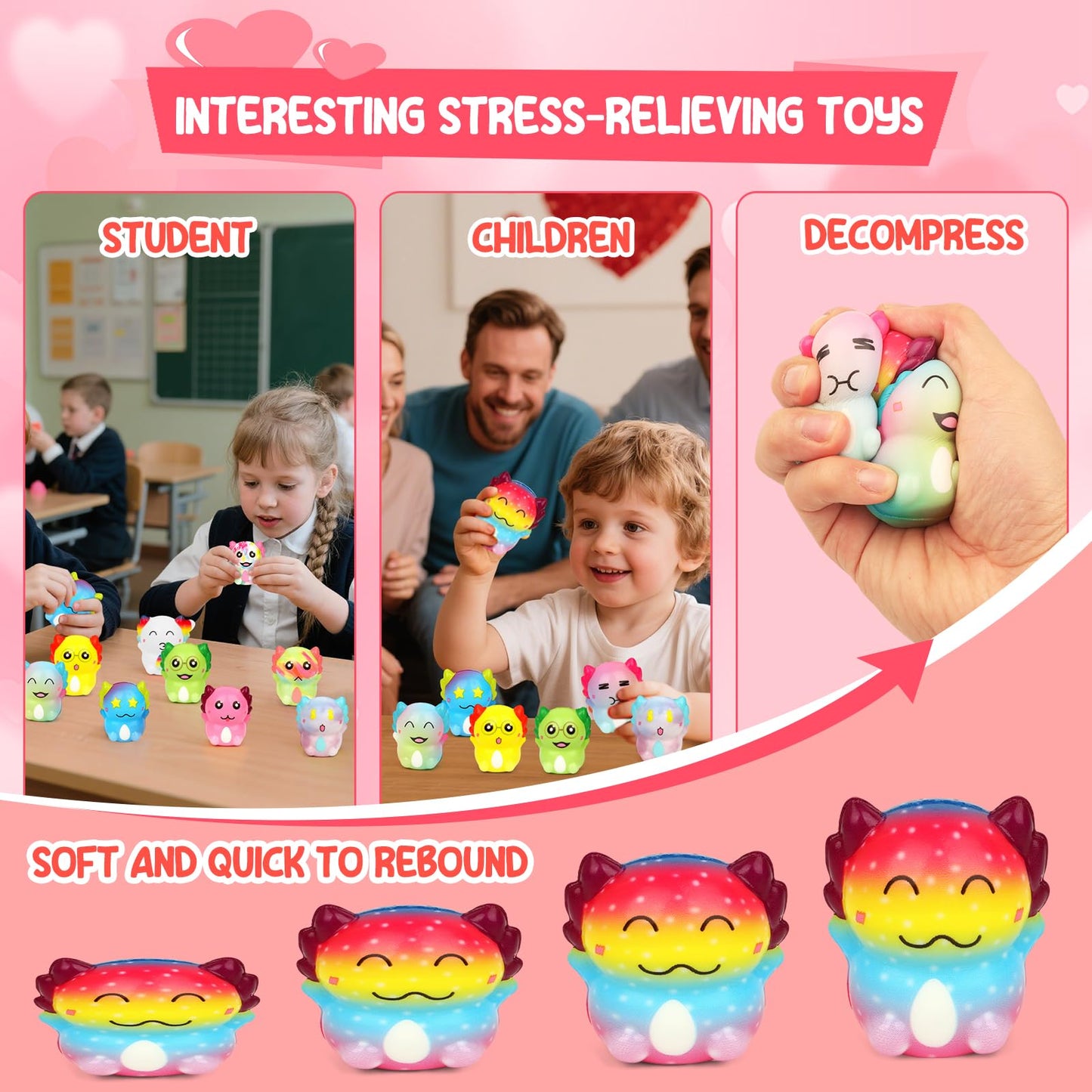 MINYSIC 24-Pack Valentines Day Axolotl Mochi Toys for Kids — Classroom Cards & Party Favors