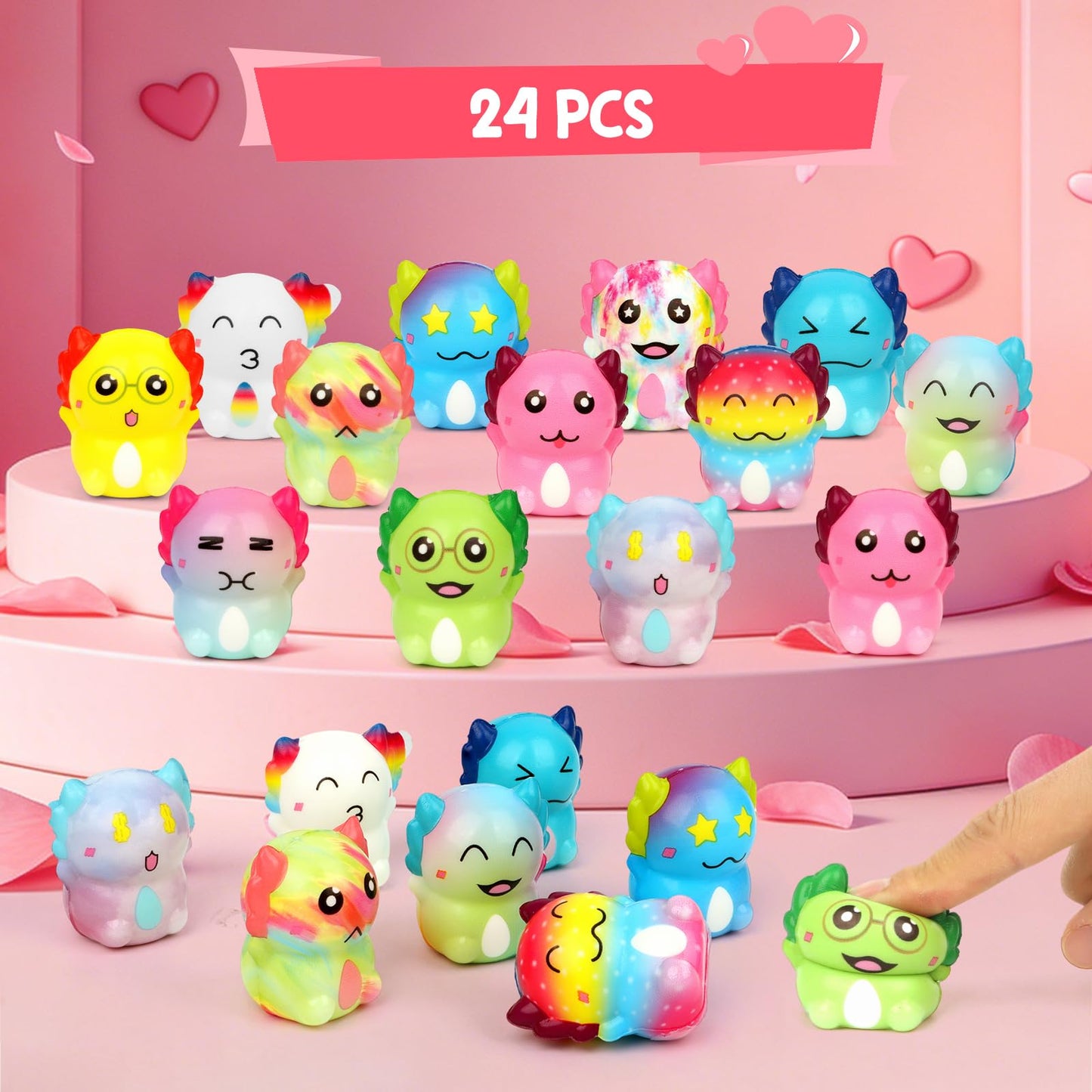MINYSIC 24-Pack Valentines Day Axolotl Mochi Toys for Kids — Classroom Cards & Party Favors