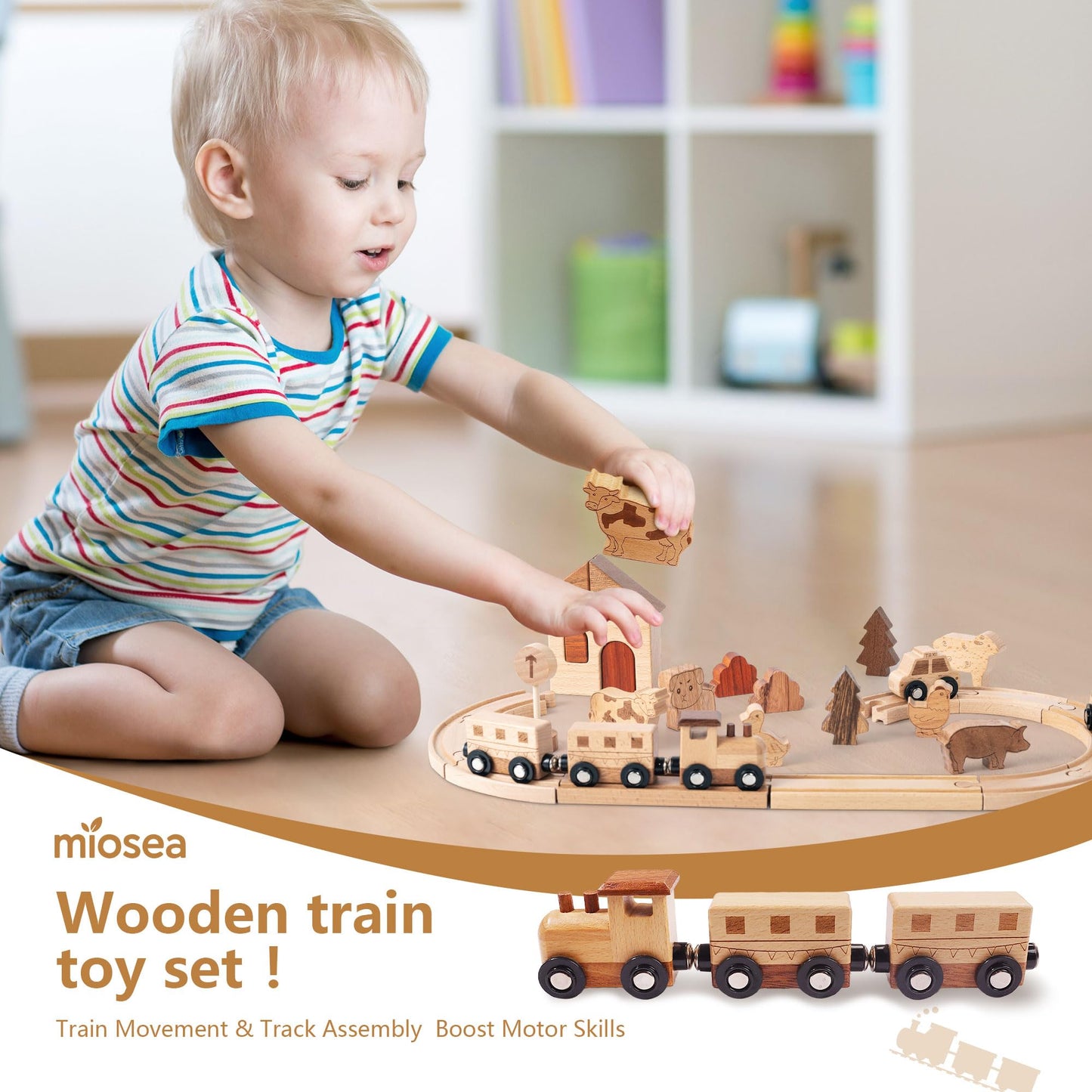 Miosea Wooden Train Set – Montessori-Style, Expandable Tracks & 32-Piece Playset for Kids 3-5