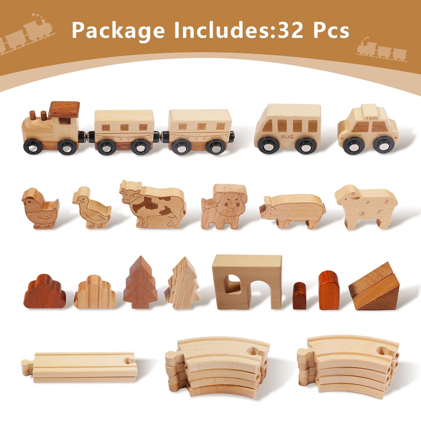 Miosea Wooden Train Set – Montessori-Style, Expandable Tracks & 32-Piece Playset for Kids 3-5