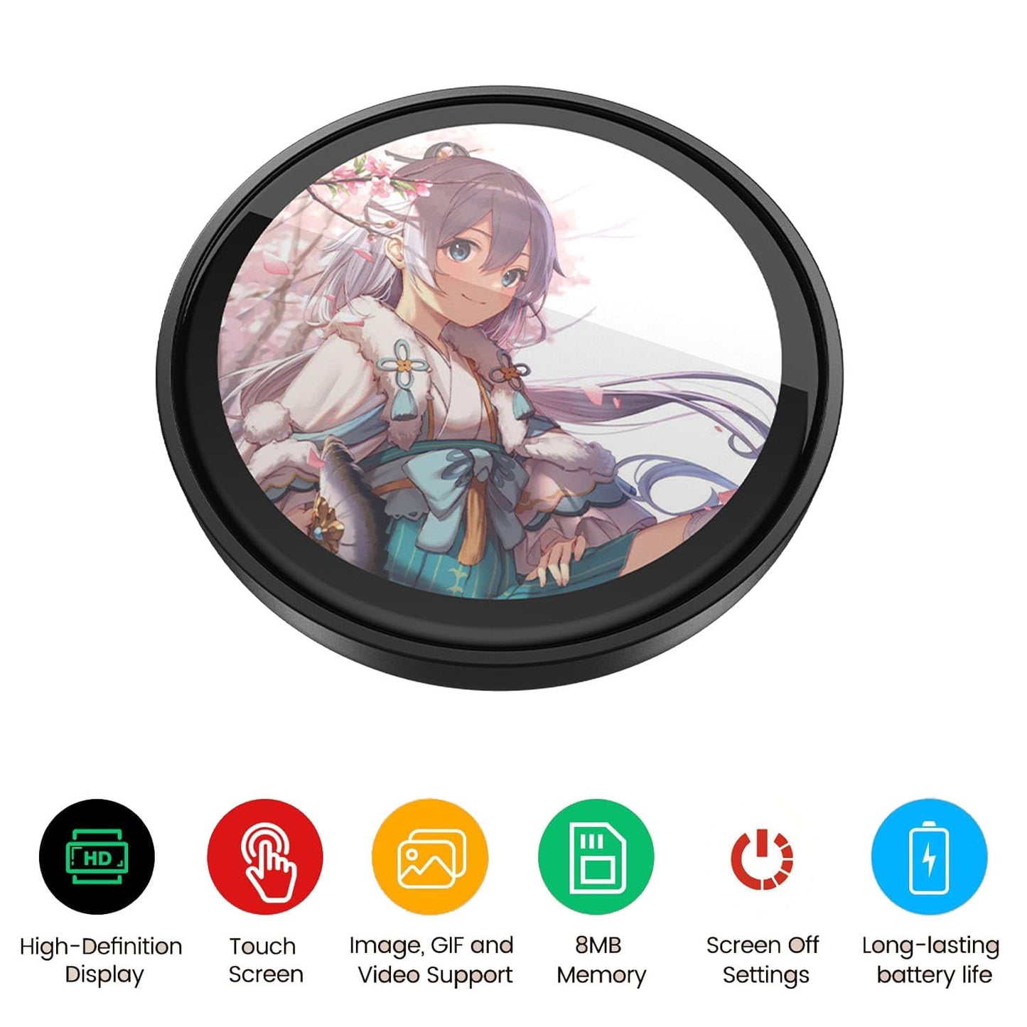 MIQUEES Electronic Anime Badge Pin — 1.85-Inch HD Touchscreen with Photo & GIF Transfer