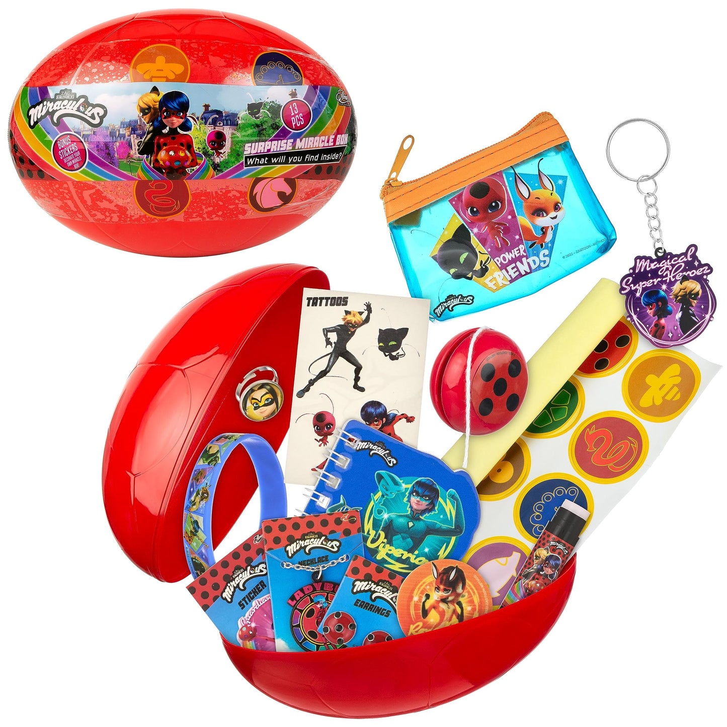 Miraculous 13pc Surprise Miracle Box – Ladybug & Cat Noir Toys, Party Favors & Stickers
