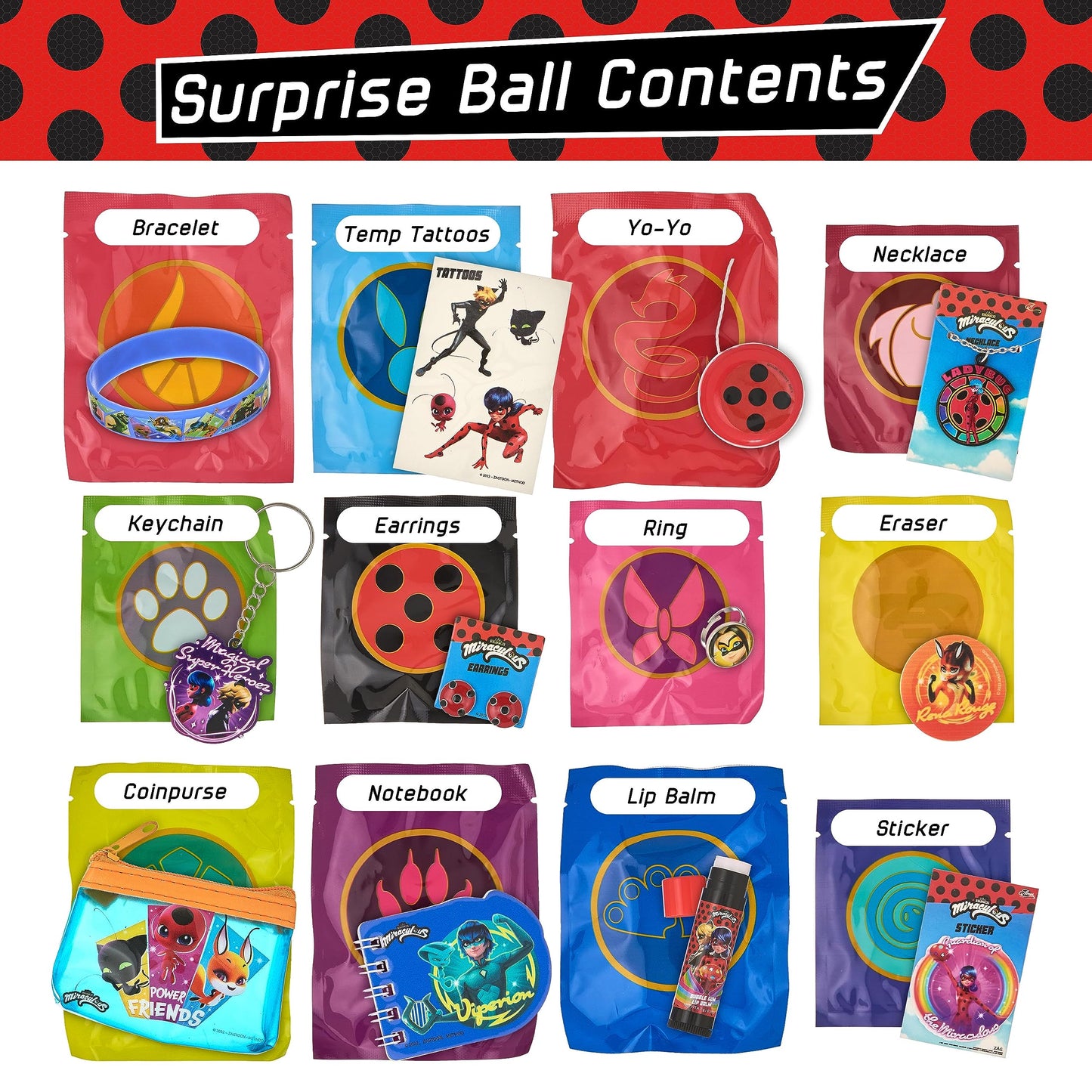 Miraculous 13pc Surprise Miracle Box – Ladybug & Cat Noir Toys, Party Favors & Stickers