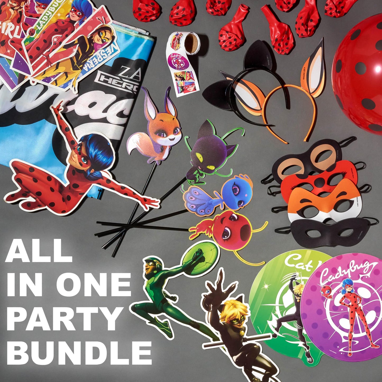 Miraculous Ladybug 50pc Birthday Party Supplies Set – All-in-One Celebration Kit with Backdrop, Props & Tableware