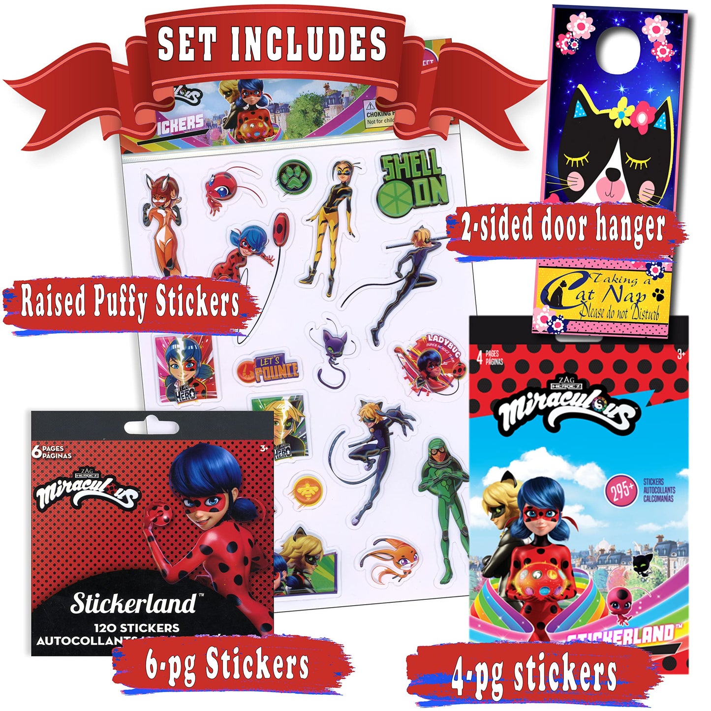 Miraculous Ladybug & Cat Noir Sticker Bundle with 2-Sided Door Hanger | Miraculous