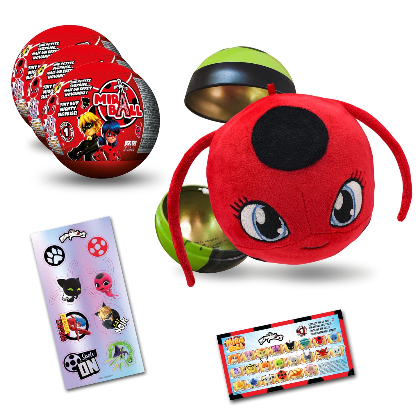 Miraculous Ladybug MiraBall 3-in-1 Surprise – 3 Pack Blind Box Toys for Kids | Metal Ball, Kwami Plush & Stickers