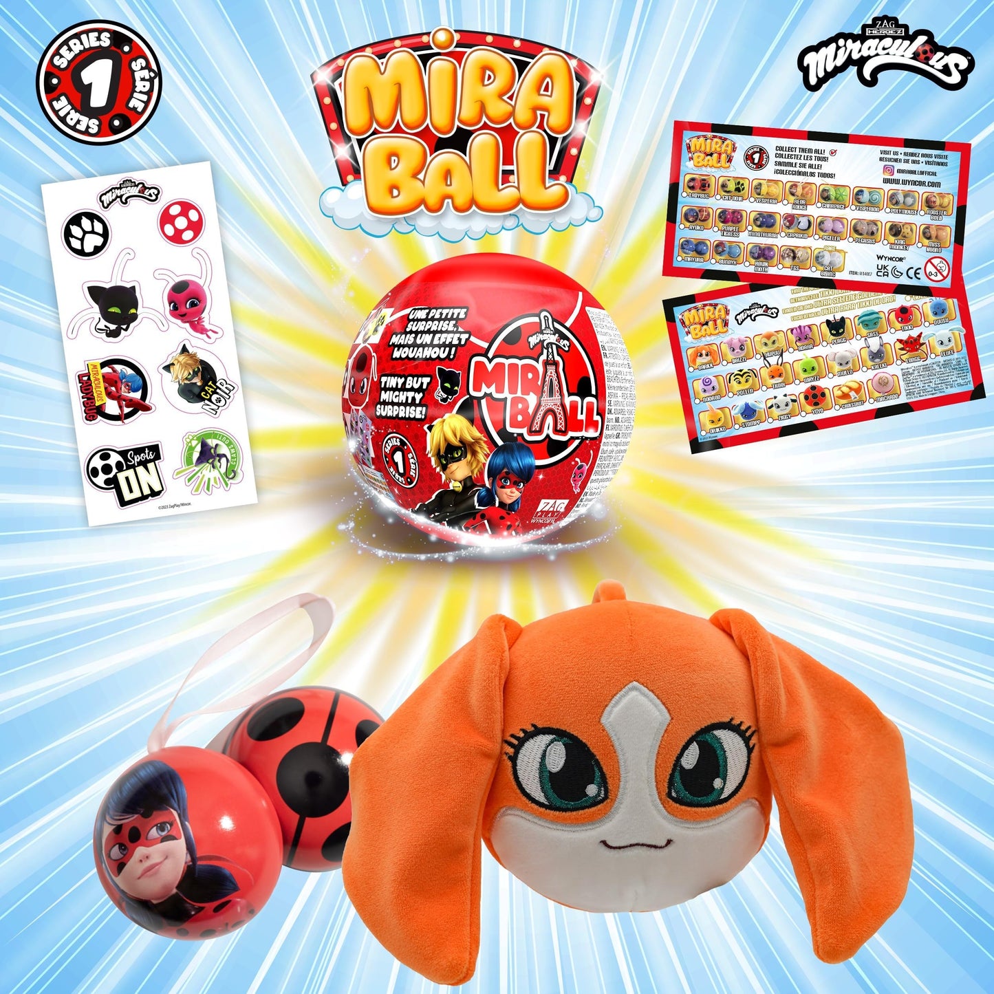 Miraculous Ladybug MiraBall 3-in-1 Surprise – 3 Pack Blind Box Toys for Kids | Metal Ball, Kwami Plush & Stickers