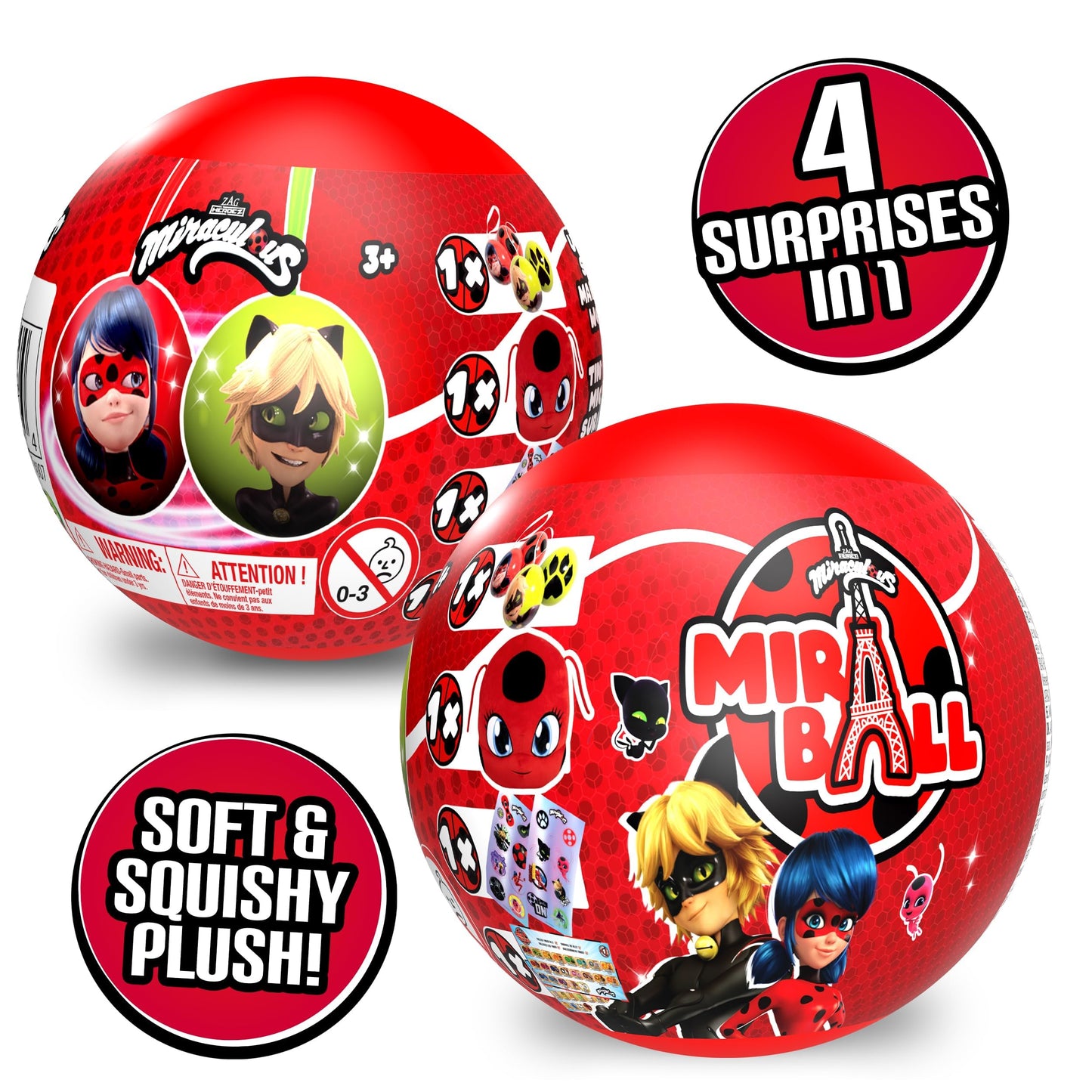 Miraculous Ladybug MiraBall 3-in-1 Surprise – 3 Pack Blind Box Toys for Kids | Metal Ball, Kwami Plush & Stickers