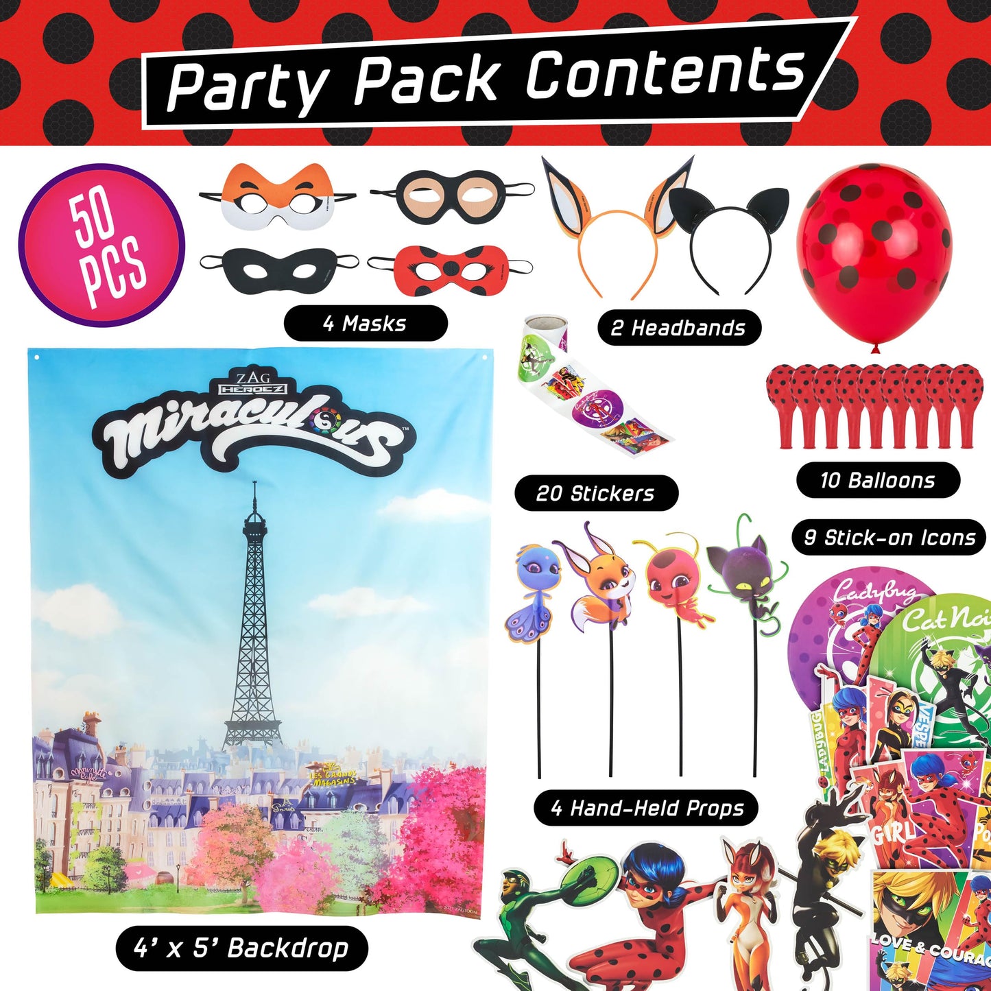 Miraculous Ladybug 50pc Birthday Party Supplies Set – All-in-One Celebration Kit with Backdrop, Props & Tableware