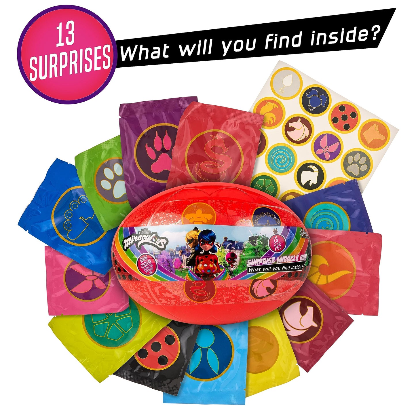 Miraculous 13pc Surprise Miracle Box – Ladybug & Cat Noir Toys, Party Favors & Stickers