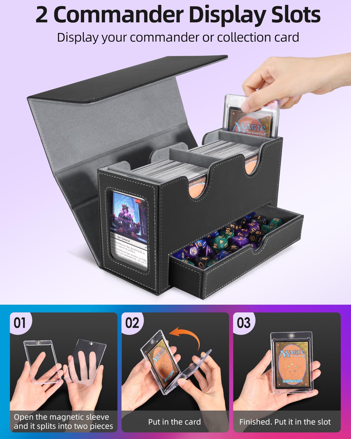 Miroddi MTG Deck Box with Commander Display – Holds 250+ Sleeved Cards, Dice Tray