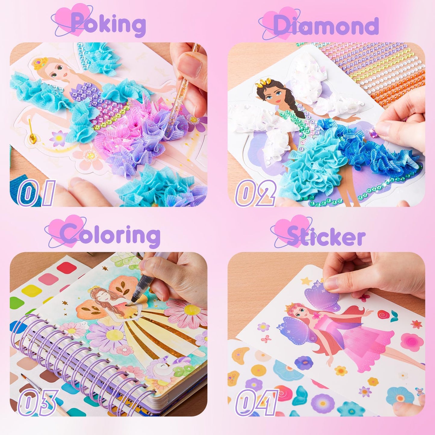 MIROLA KIDS 4 in 1 Poke Craft Kit for Girls — Princess Crafts, Watercolor & Diamond Art