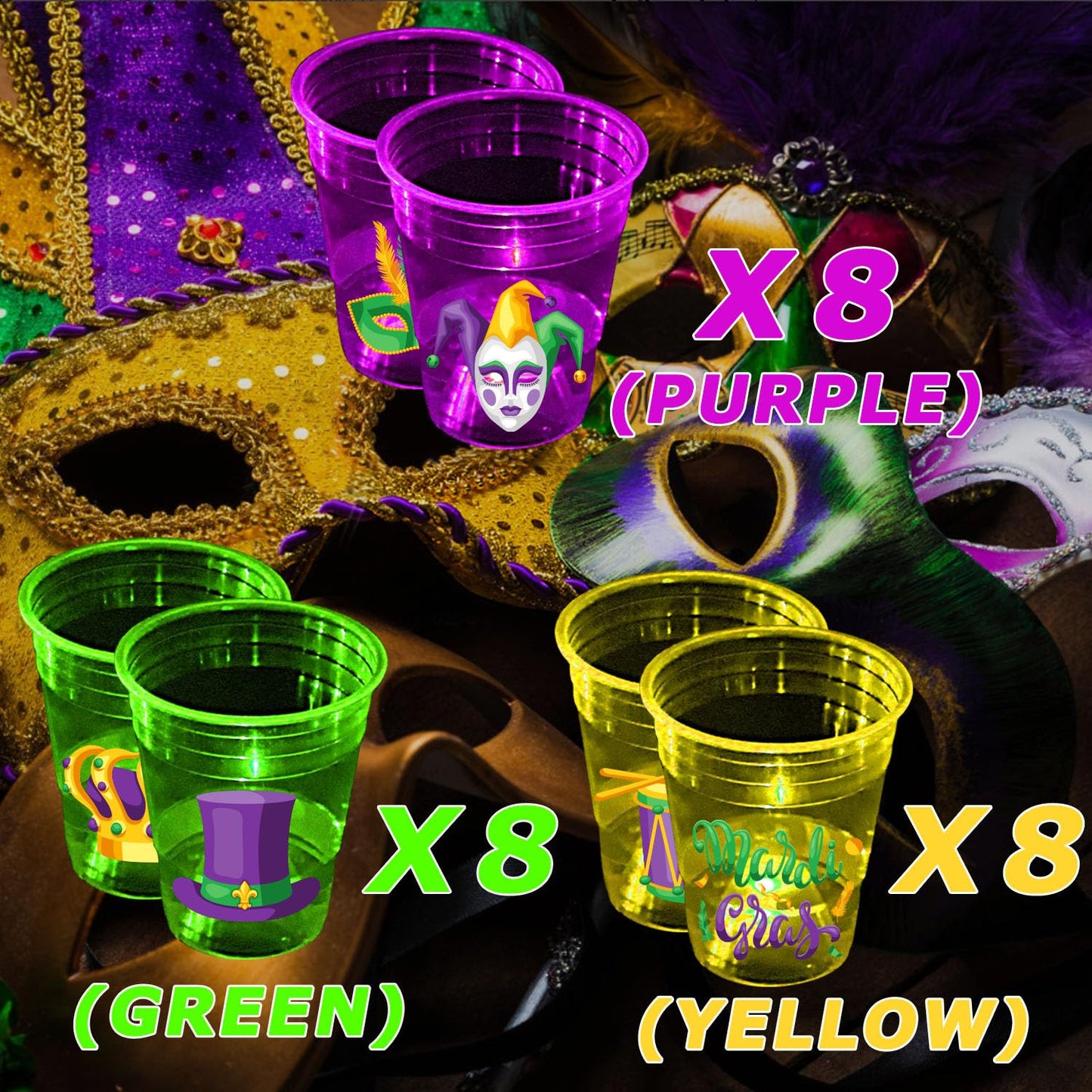 Mishunyus 24 Pcs Mardi Gras Glow Cups – LED Party Cups, New Orleans Style