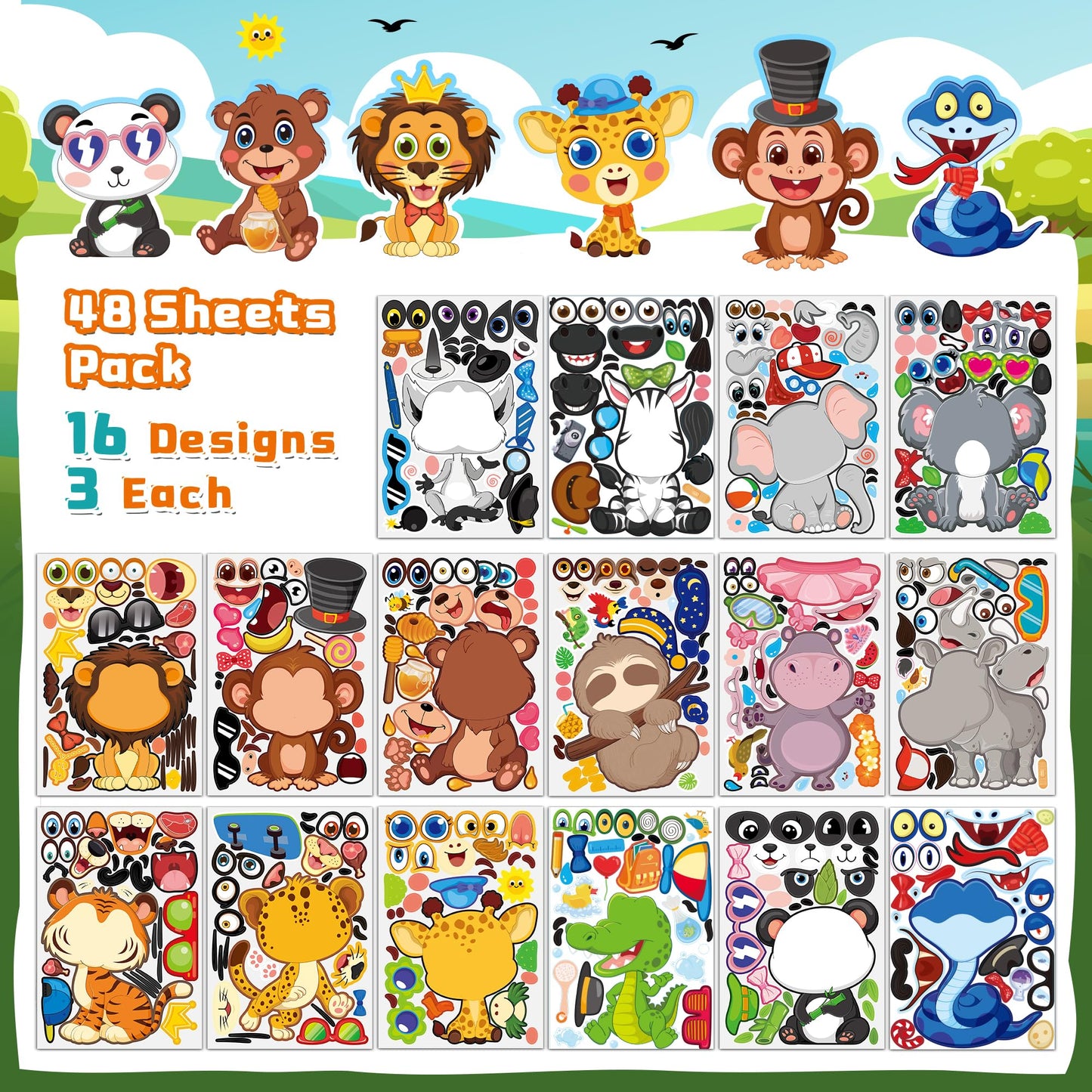 MISS FANTASY Animal Stickers for Kids – 48 Safari Jungle Sticker Pack | Party Decor & Favors