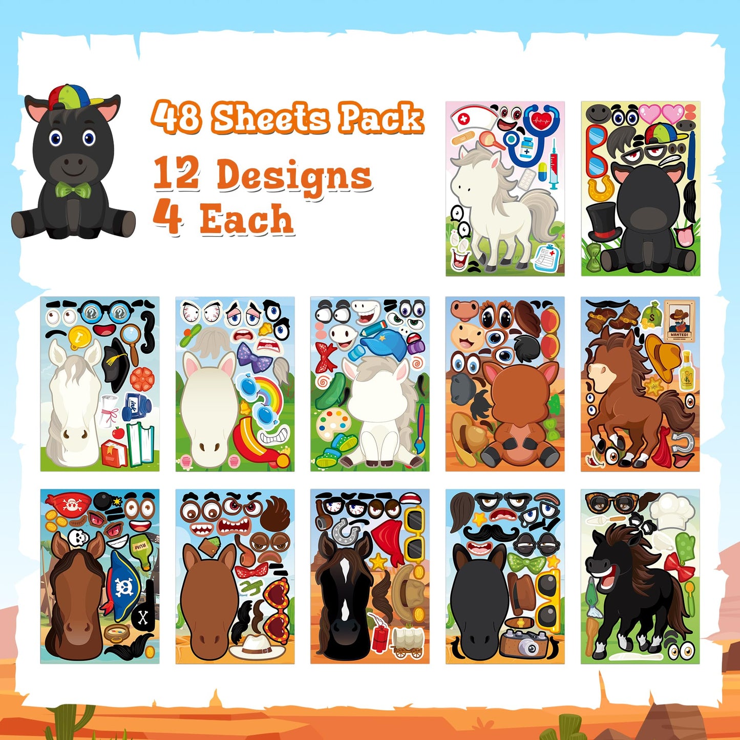 MISS FANTASY 48PCS Horse Stickers for Kids – Party Favors, Crafts & Classroom Activities