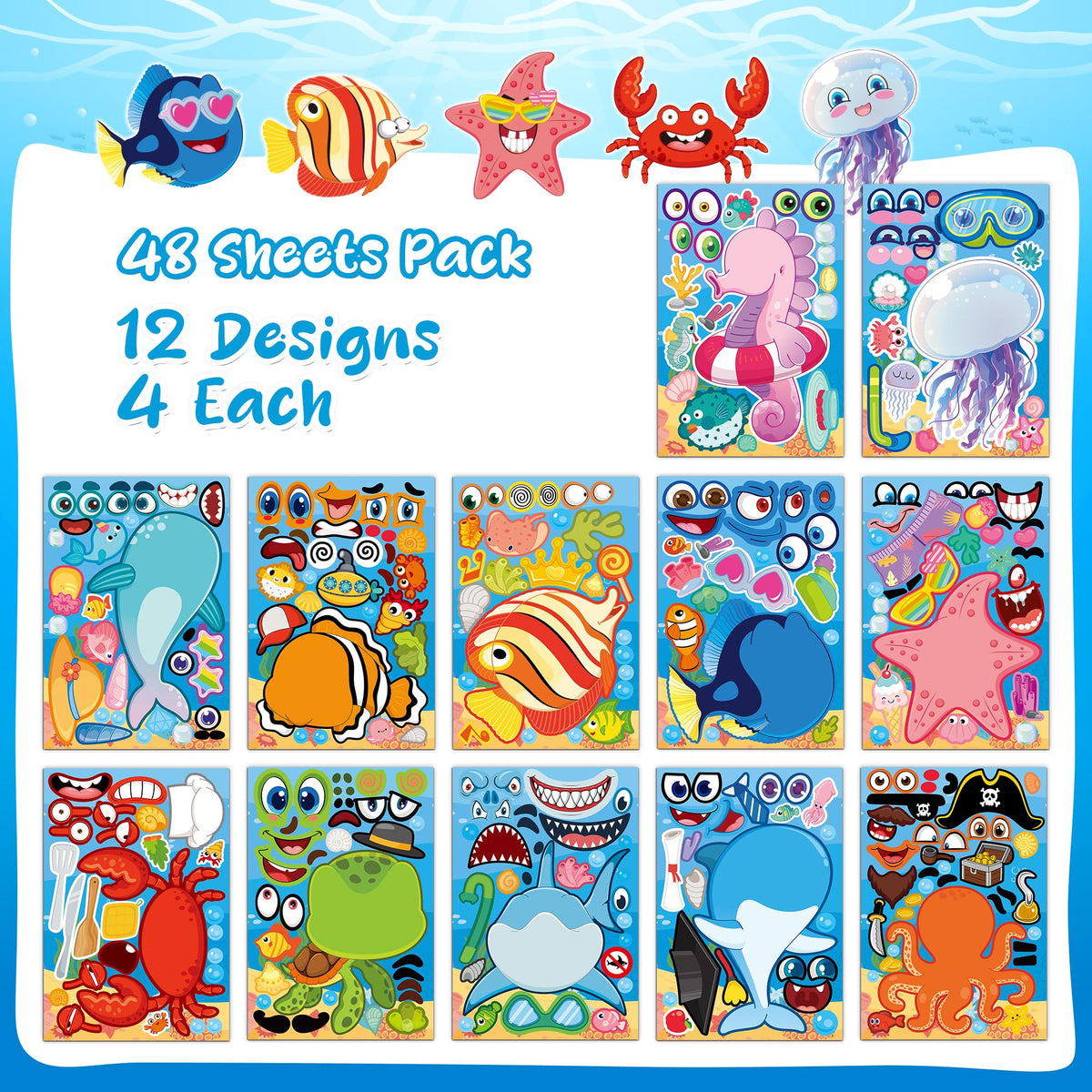 MISS FANTASY Ocean Stickers for Kids – 48 Sheets Ocean Creature Stickers for Parties, Crafts & Back to School