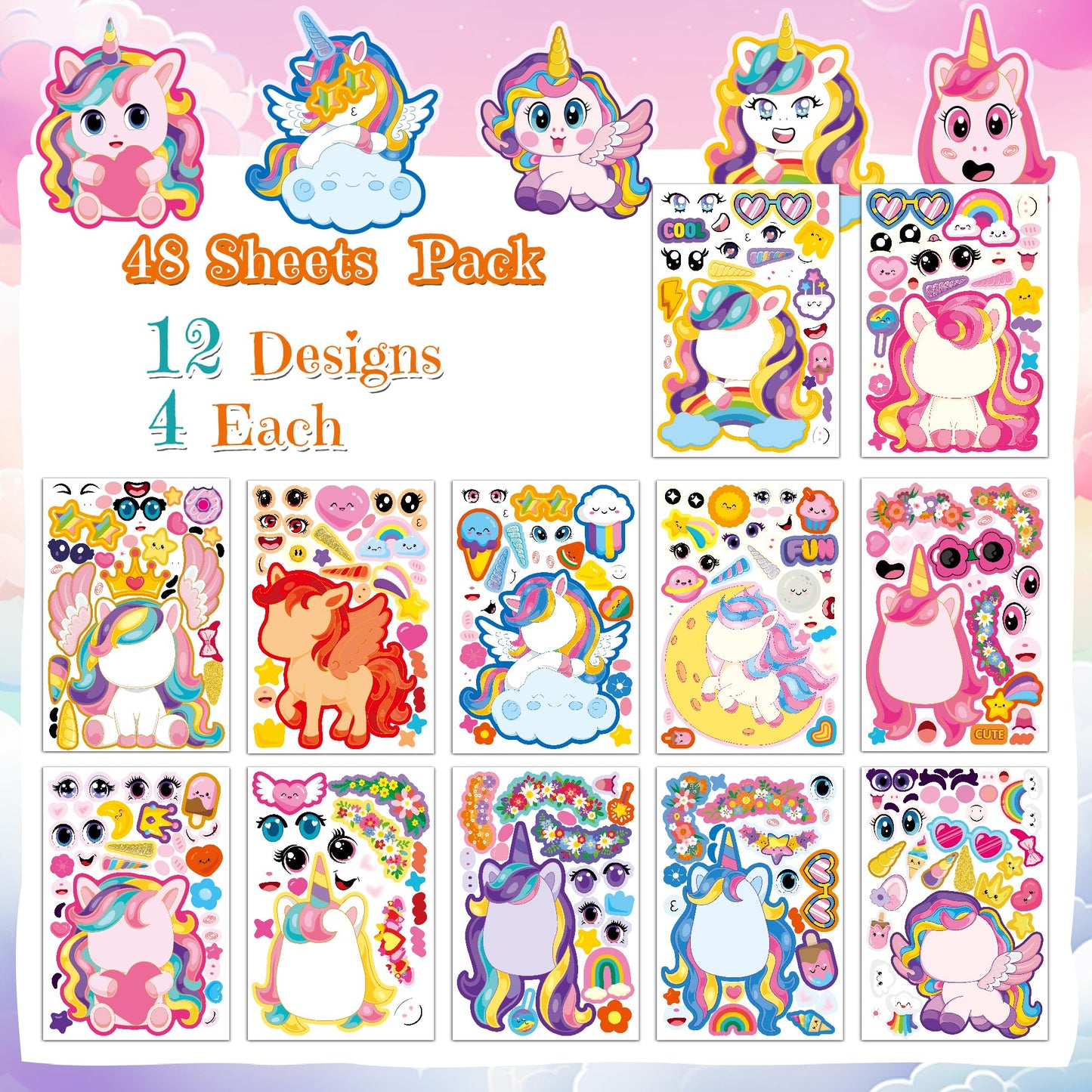 Miss Fantasy Unicorn Stickers - 48 Sheets for Kids, Crafts & Party Decor