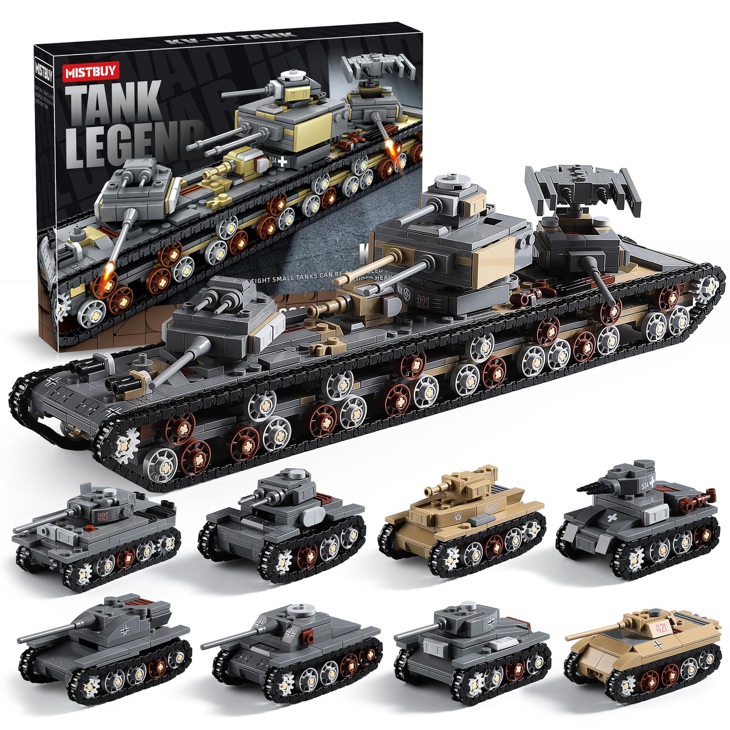 MISTBUY 1165-Piece WWII Army Tank Building Set | 9-in-1 KV-VI & 8 Tanks