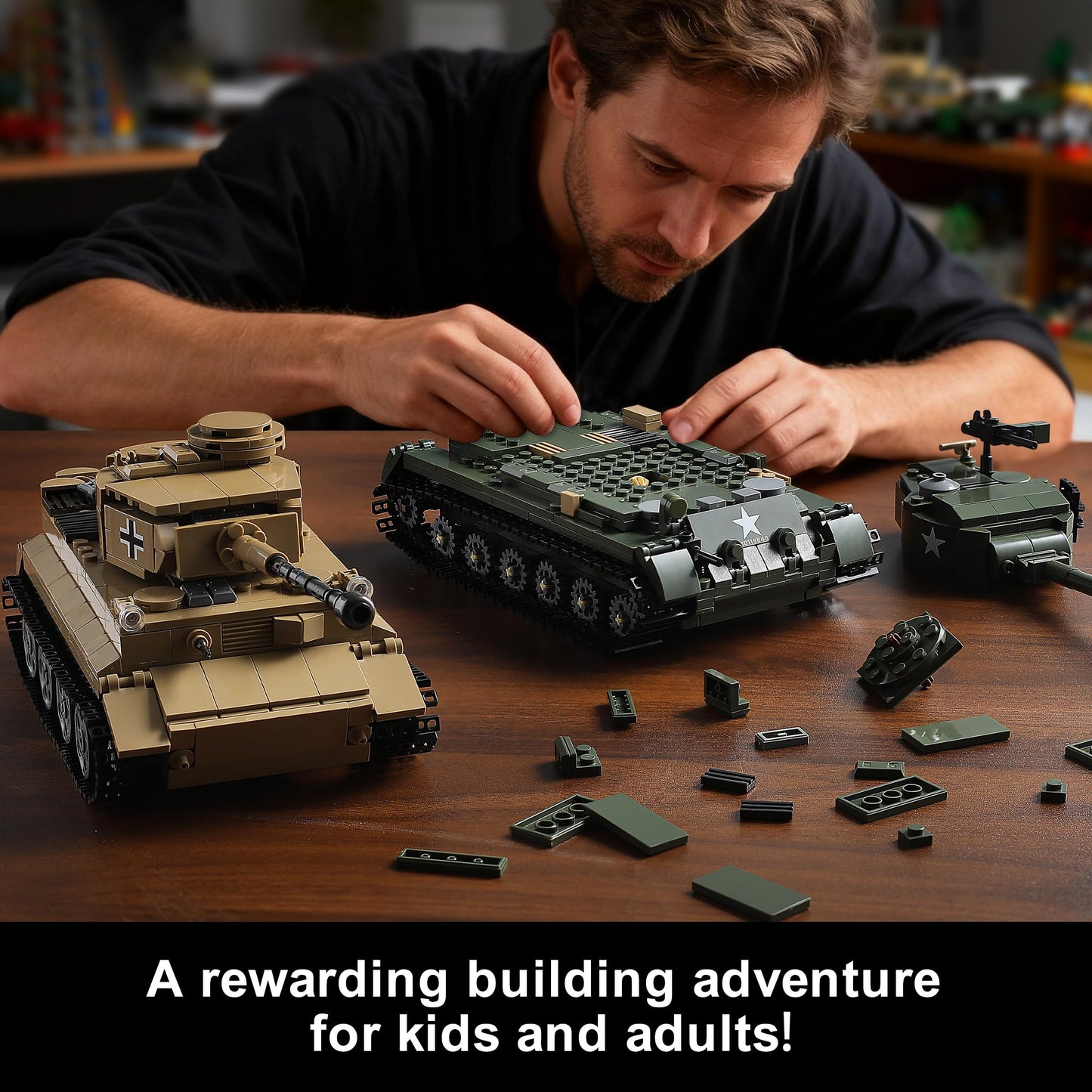 MISTBUY WW2 Military Tank Building Set - Light-Up Tiger I & M26 Pershing Tank Kit (1,195 pieces)