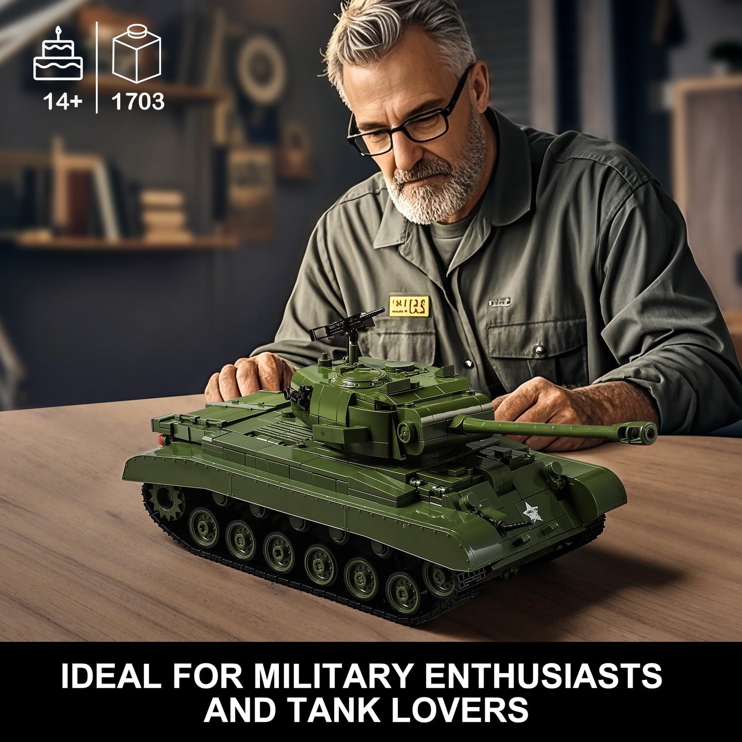 MISTBUY 1703-Piece WW2 Army Tank Building Kit for Adults — M26 Pershing, LEGO-Compatible