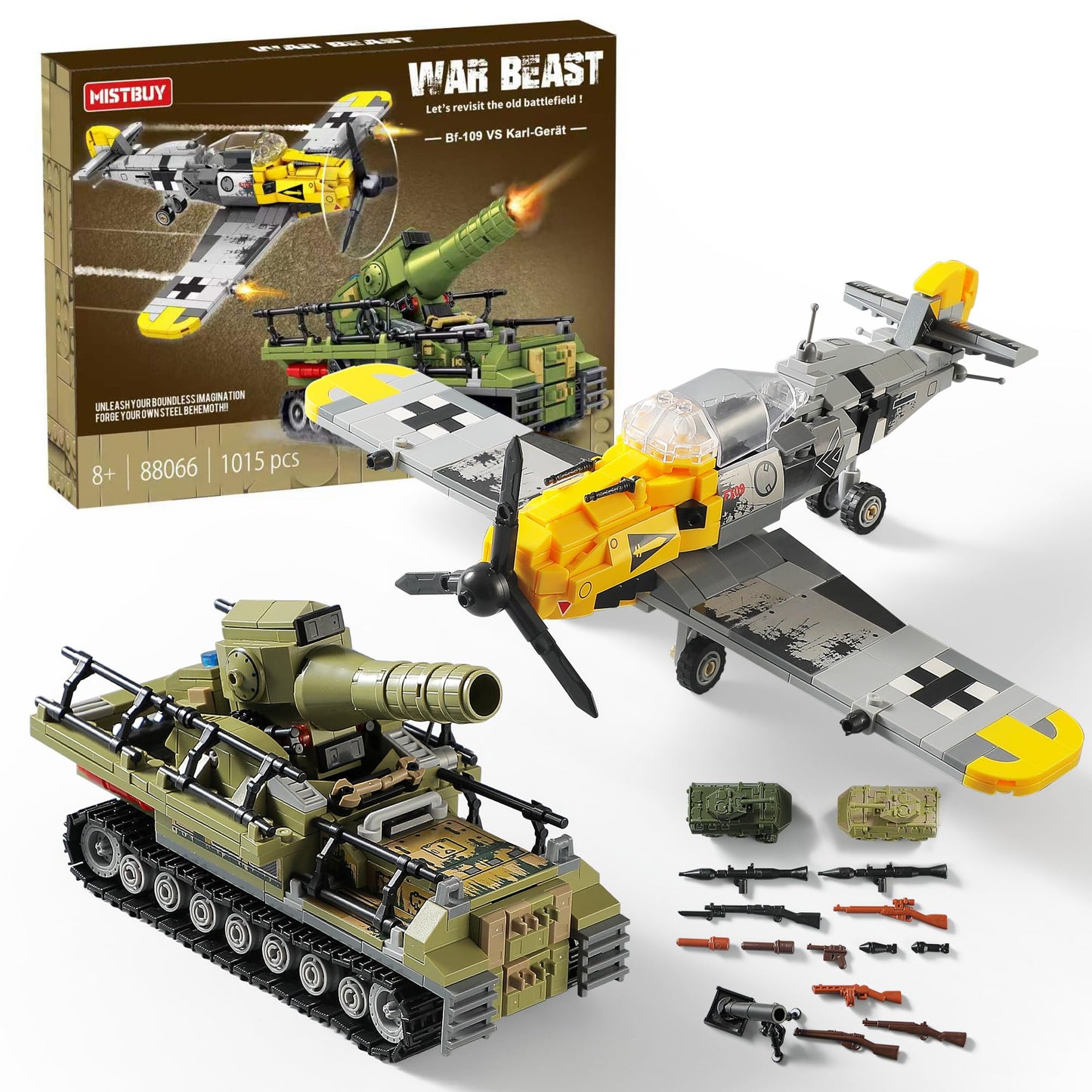 MISTBUY WW2 Military Toys: BF109 Fighter Jet & Karl Mortar Tank – LEGO-Compatible