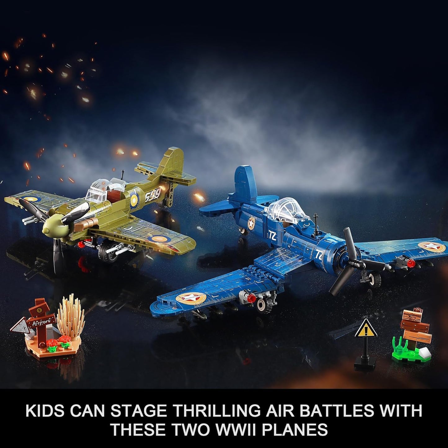MISTBUY WW2 Fighter Plane Building Set — F4U Corsair & Spitfire, Lego-Compatible