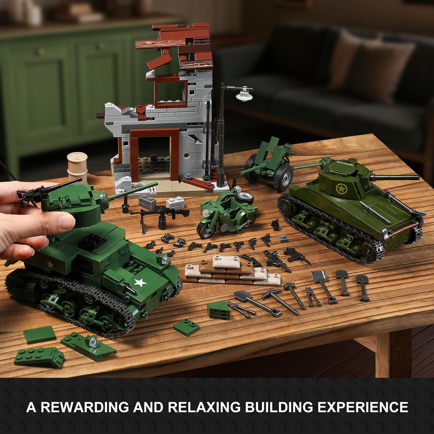 MISTBUY WW2 Army Tank Building Set – 1452 Pieces with Sherman & Stuart, Compatible with Major Brands