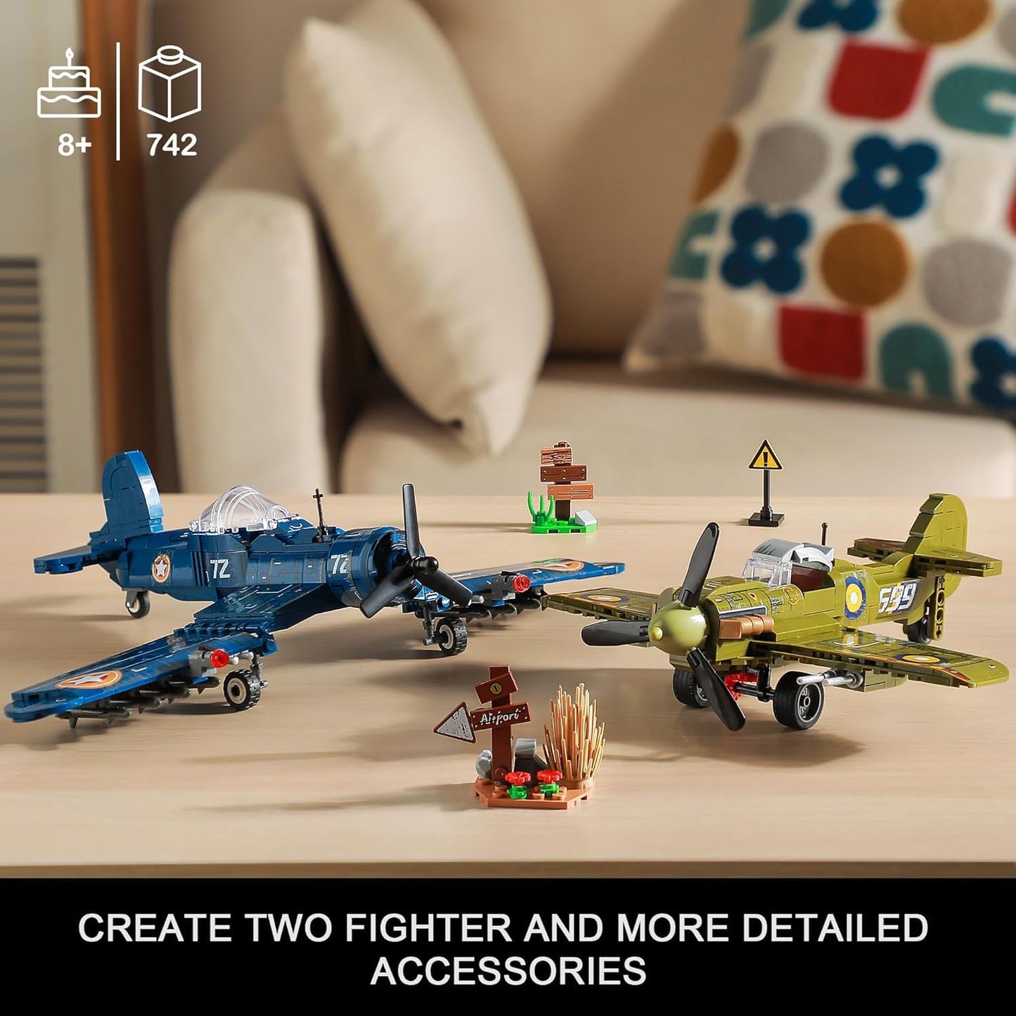 MISTBUY WW2 Fighter Plane Building Set — F4U Corsair & Spitfire, Lego-Compatible