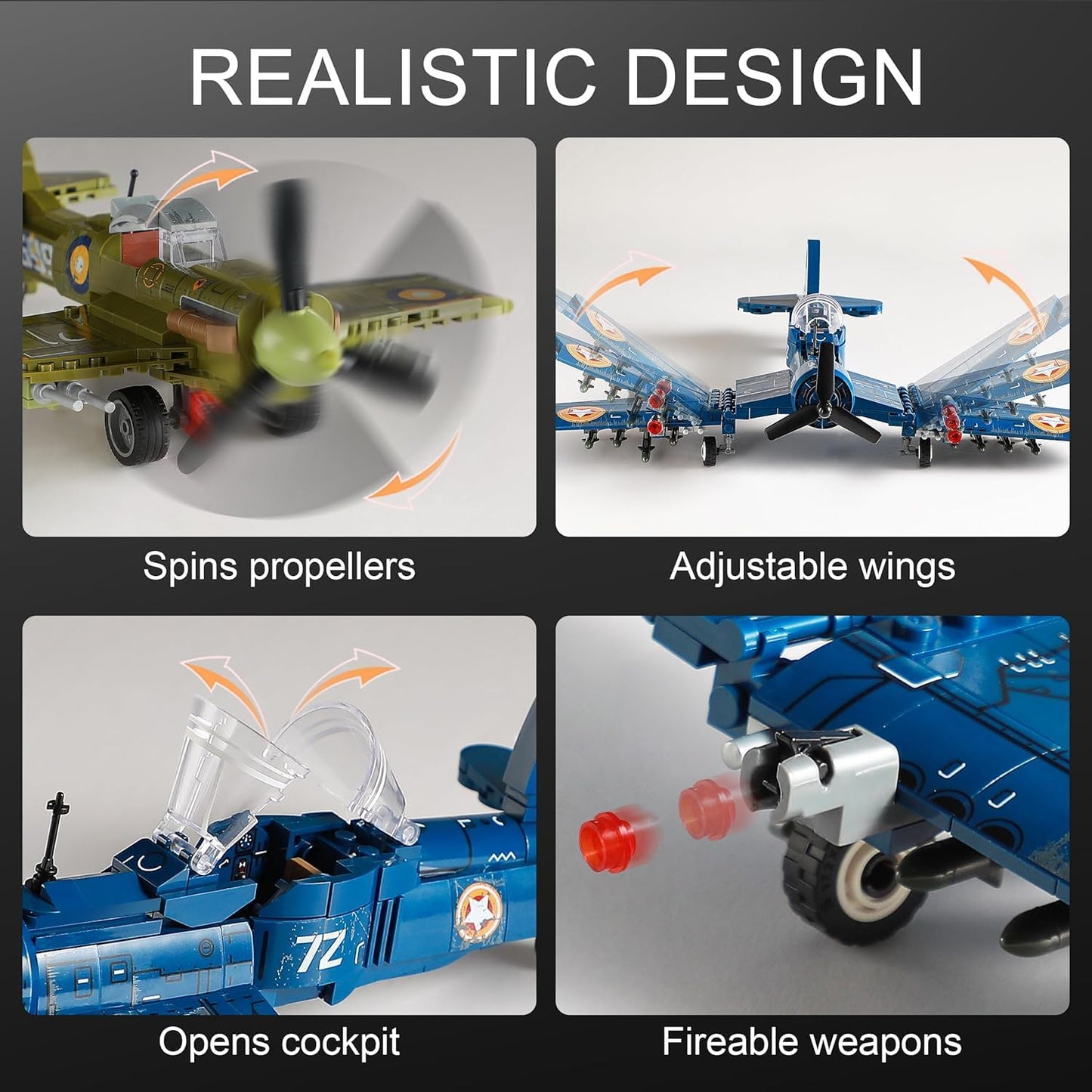 MISTBUY WW2 Fighter Plane Building Set — F4U Corsair & Spitfire, Lego-Compatible